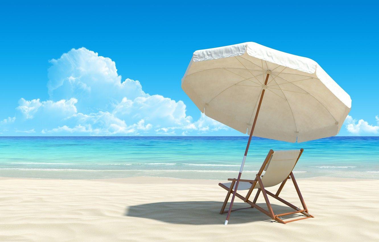 1332x850 Wallpaper sea, beach, umbrella, chair image for desktop