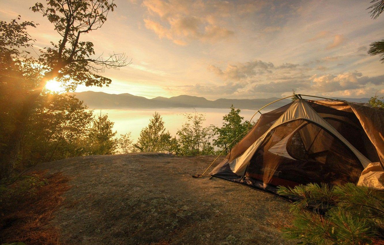 1332x850 Wallpaper landscape, mountains, tent, hike image