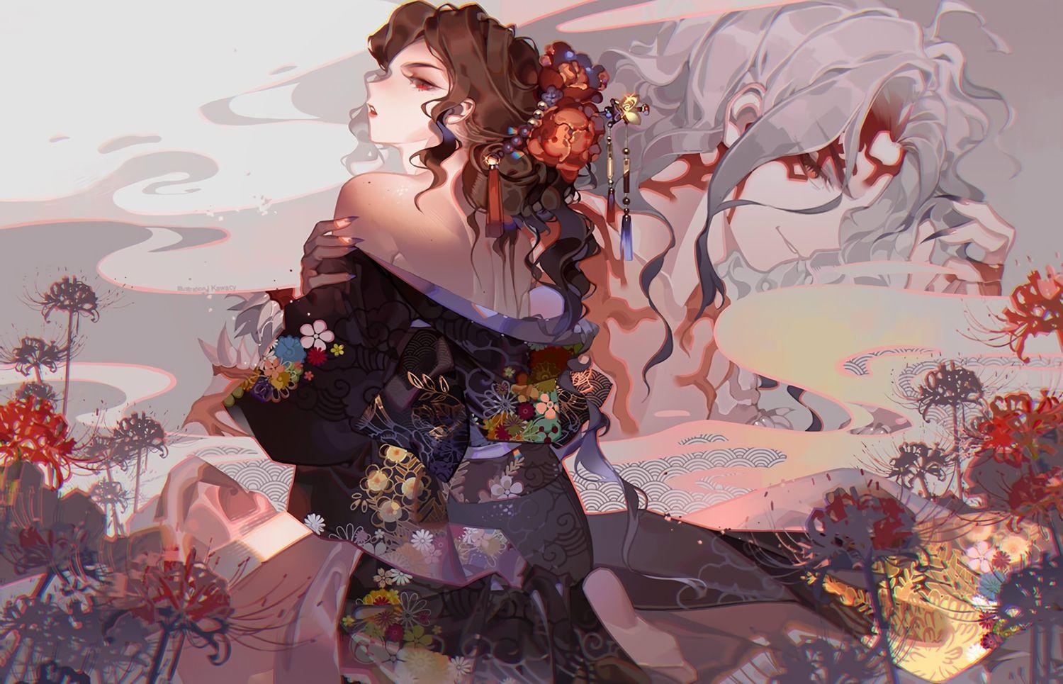 1500x965 all male brown hair flowers japanese clothes kawacy