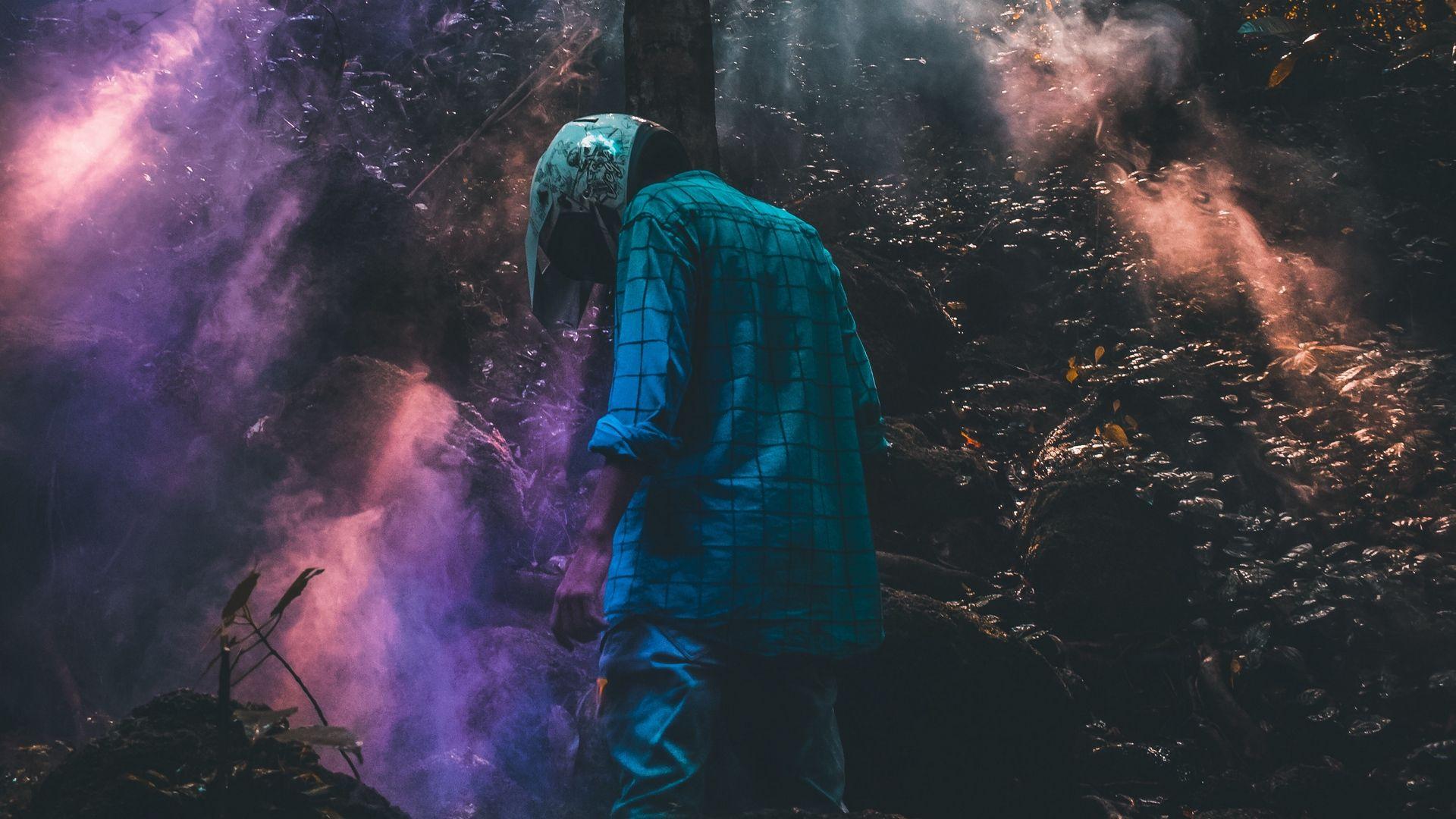 1920x1080 Wallpaper Man, Forest, Smoke, Helmet, Loneliness