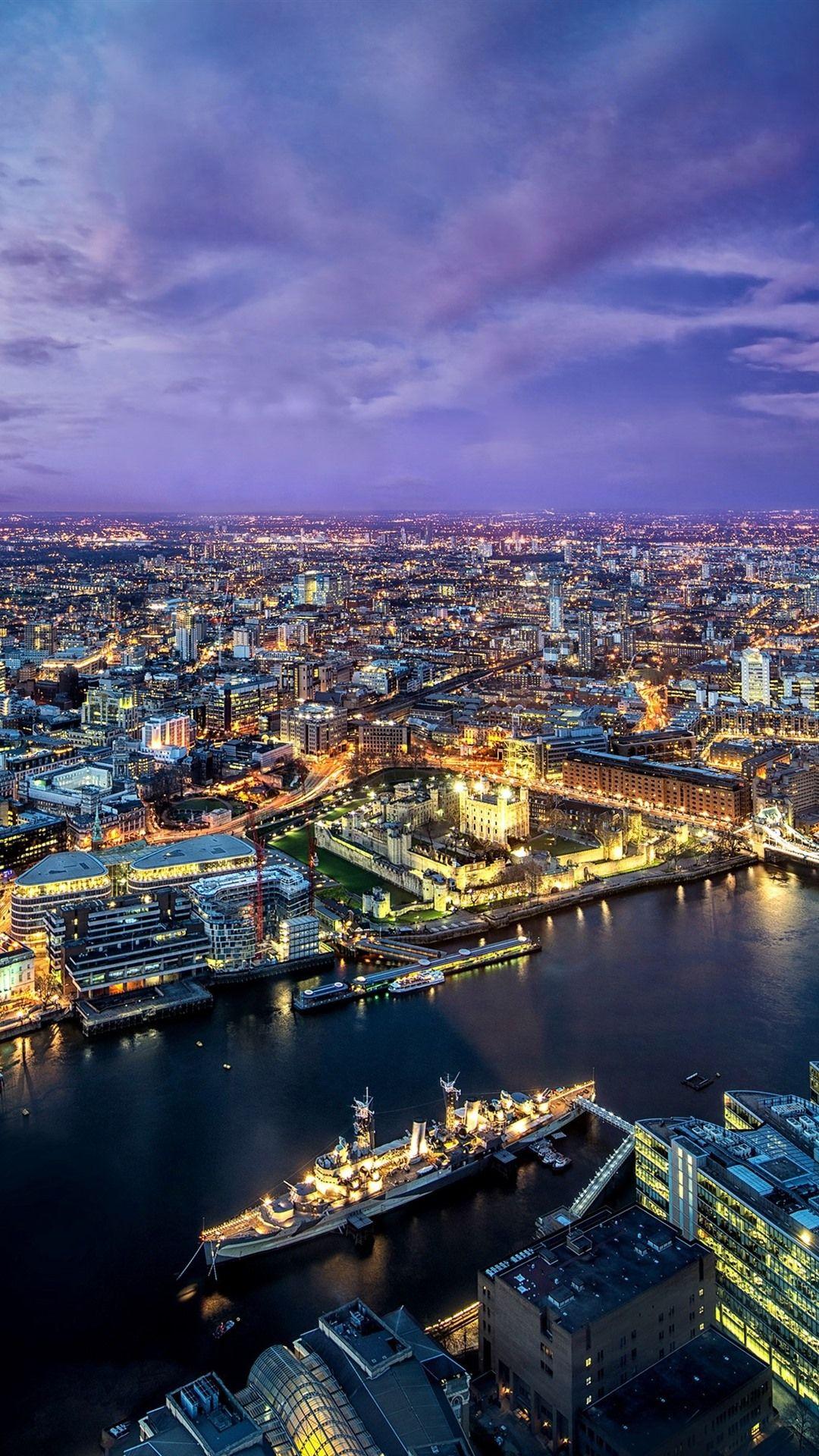 1080x1920 Beautiful city night, London, river, bridge, lights, purple