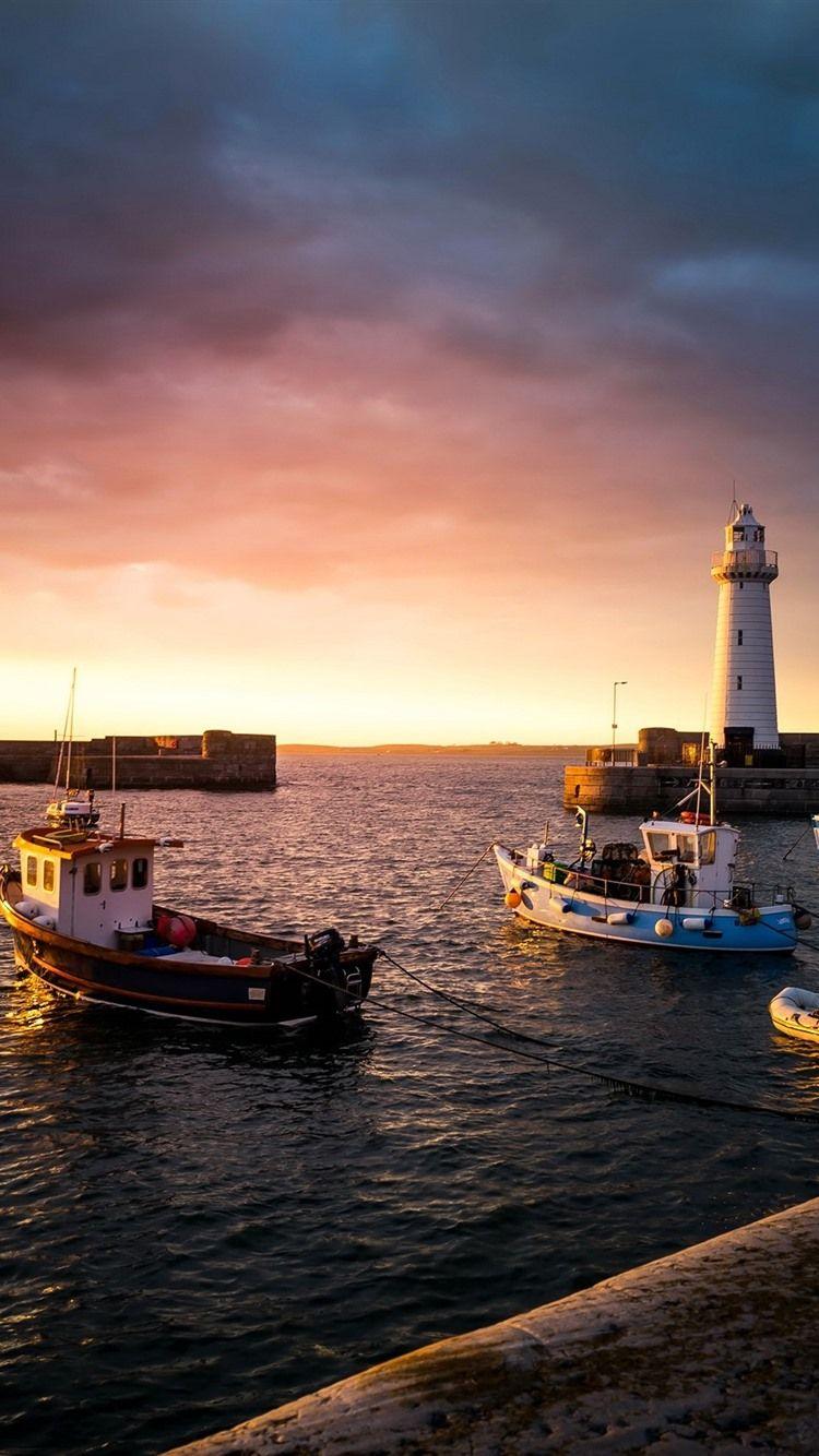 750x1334 Donaghadee, UK, boats, sea, lighthouse, sunset 750x1334