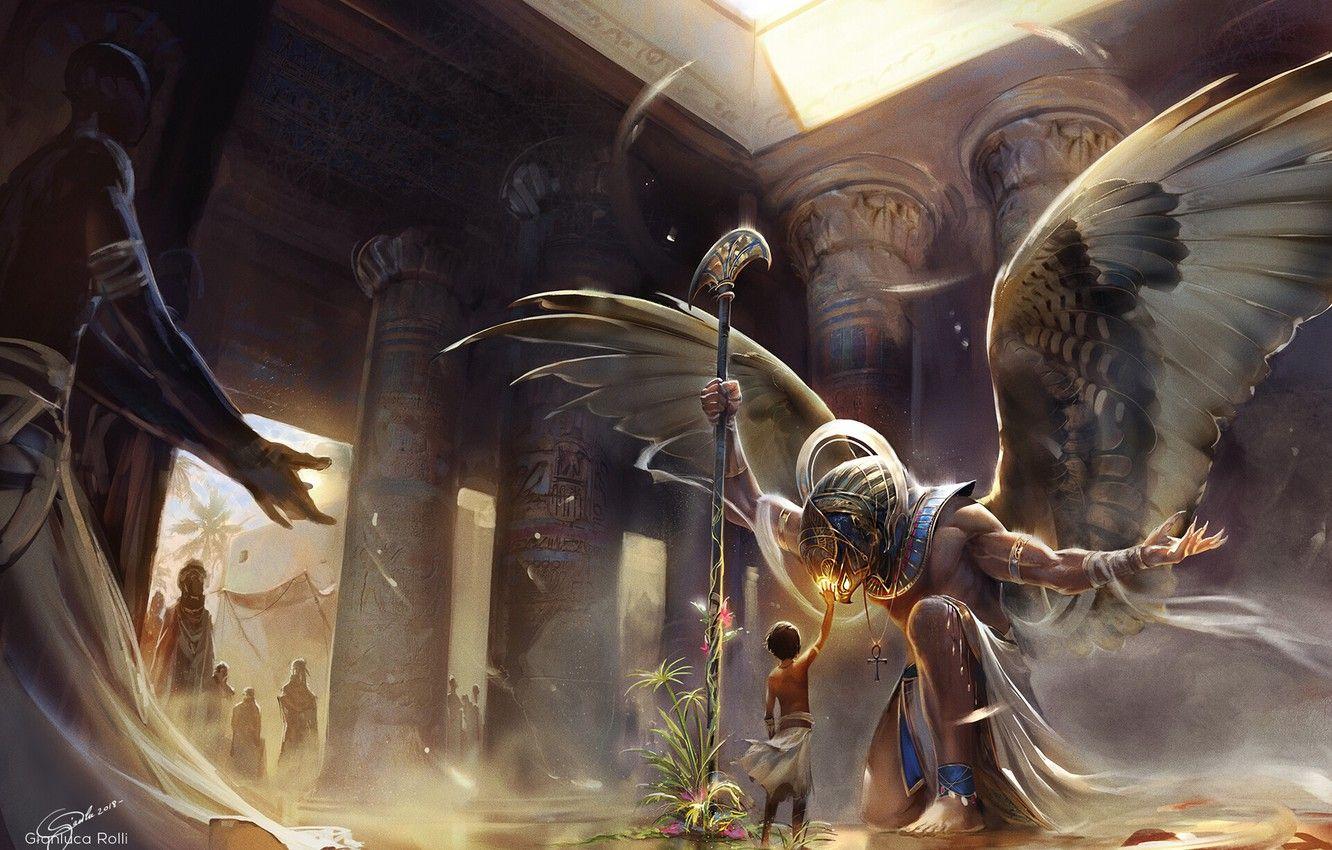 1332x850 Photo Wallpaper God, Wings, Boy, Columns, Temple, Egypt