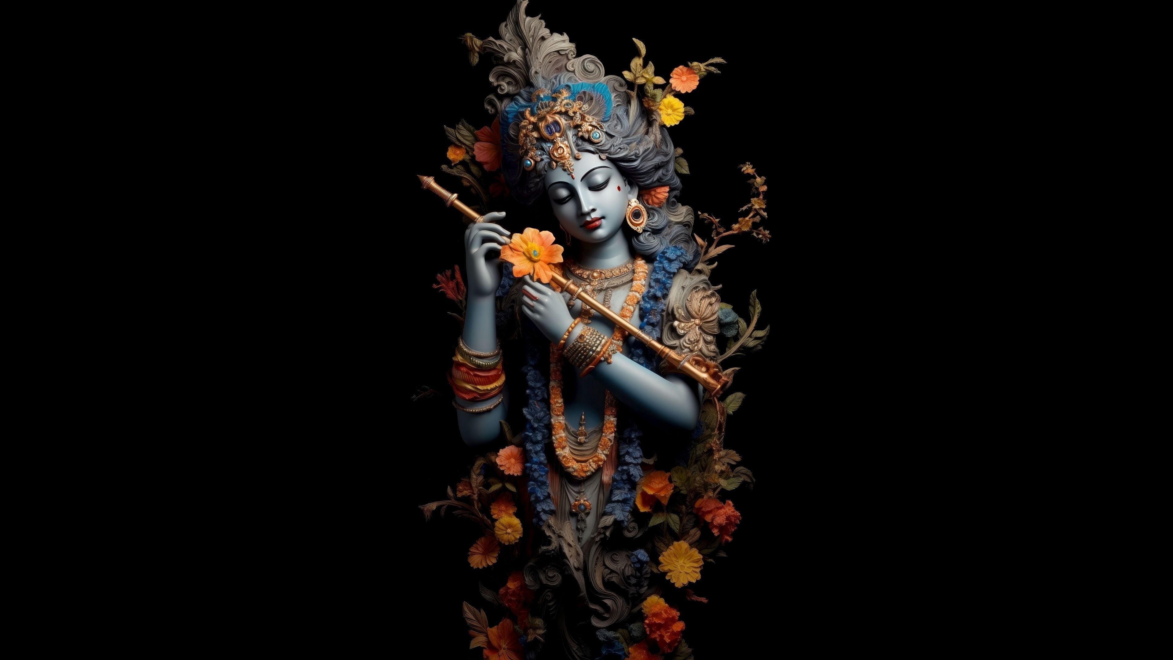 3840x2160 Lord Krishna Wallpaper 4K, AI art, Black background, 10K