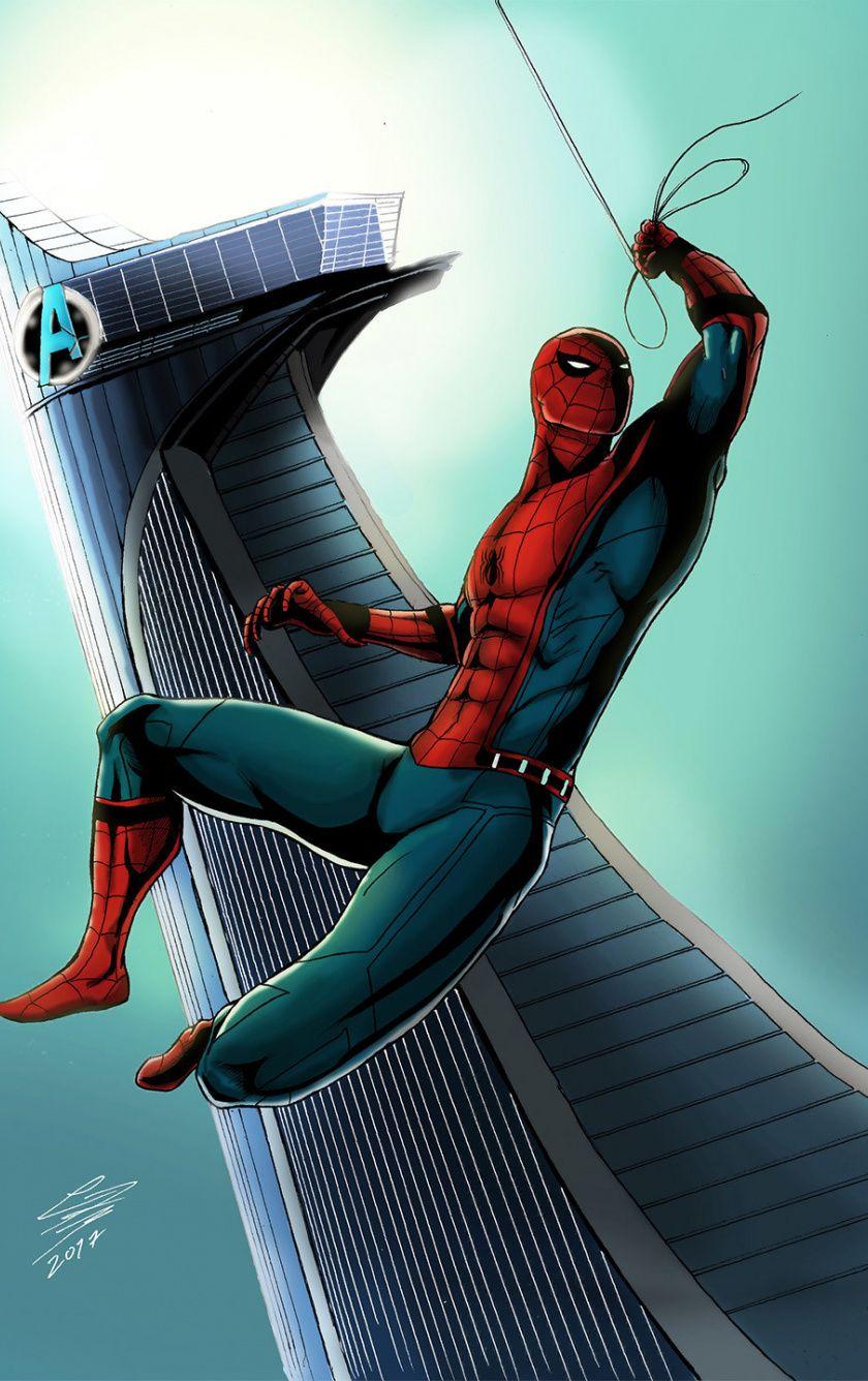 840x1336 Download 840x1336 Wallpaper Avenger Tower, Spider Man, Swing