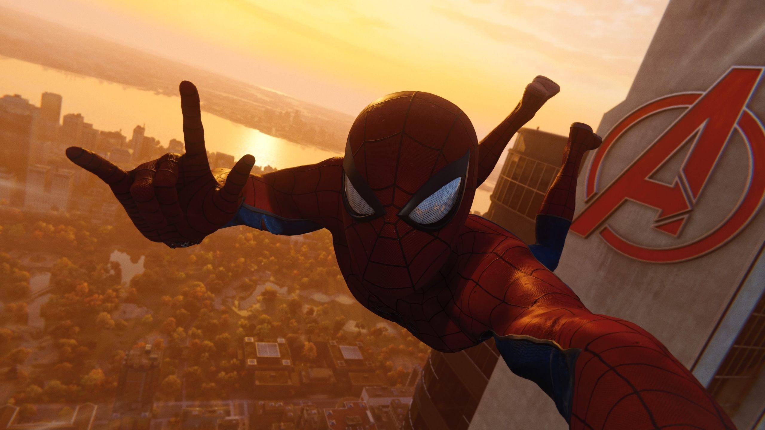2560x1440 Wallpaper 4k Spiderman Taking Selfie Of Avengers Tower 2018