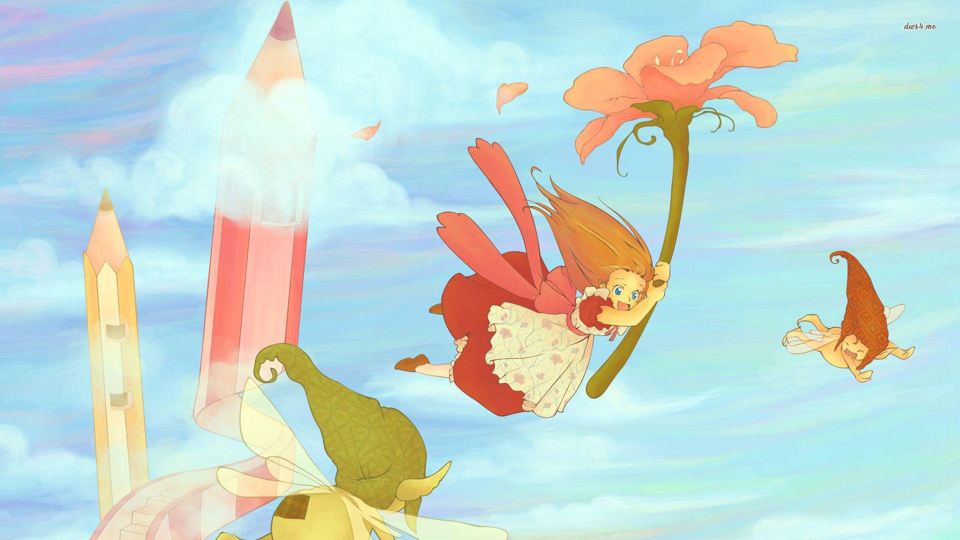 1920x1080 Cô gái bay trên một bông hoa hình nền - Hình nền anime