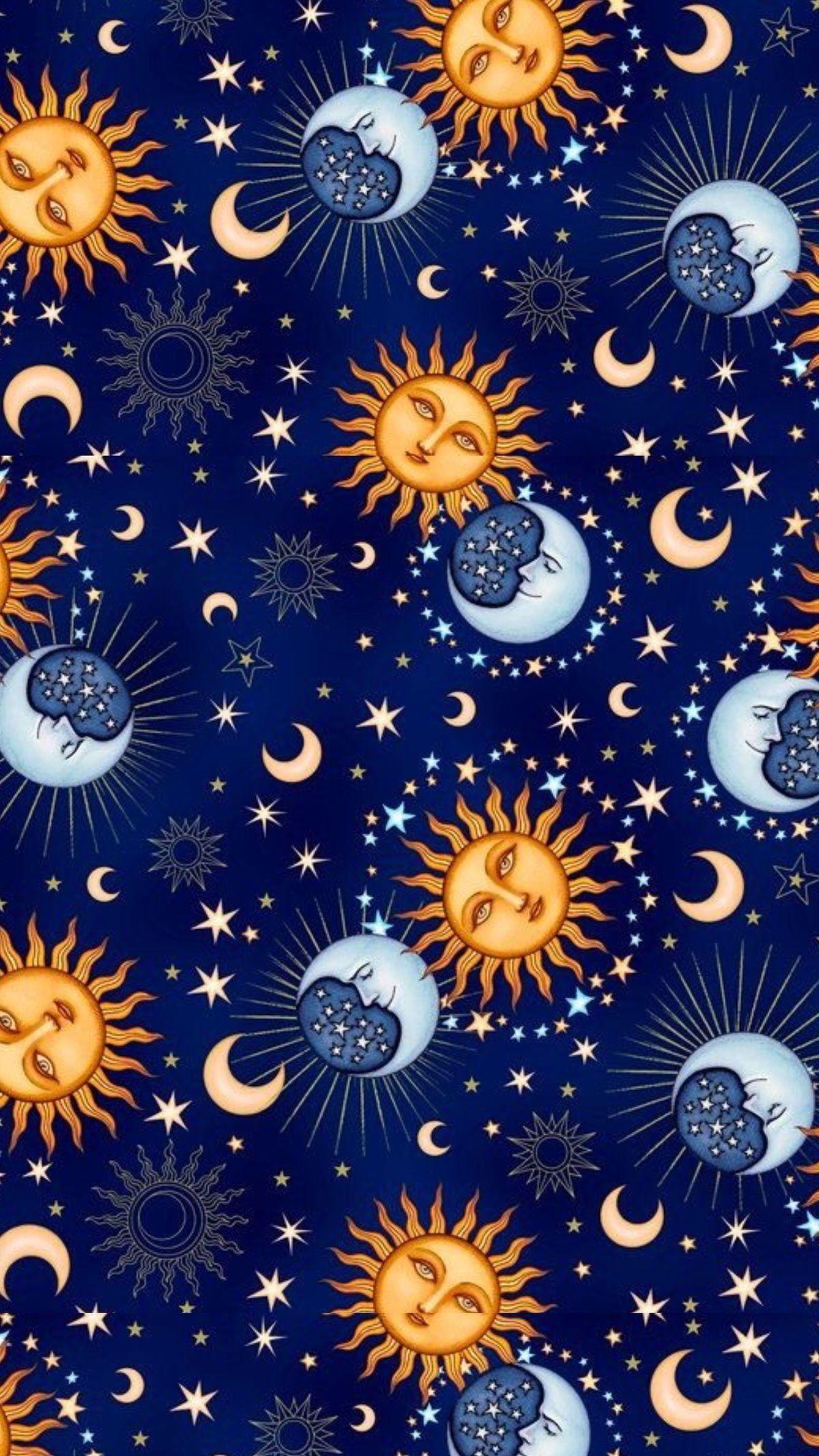 SUN AND MOON ON BLUE CRACKLED WALLPAPER BORDER 
