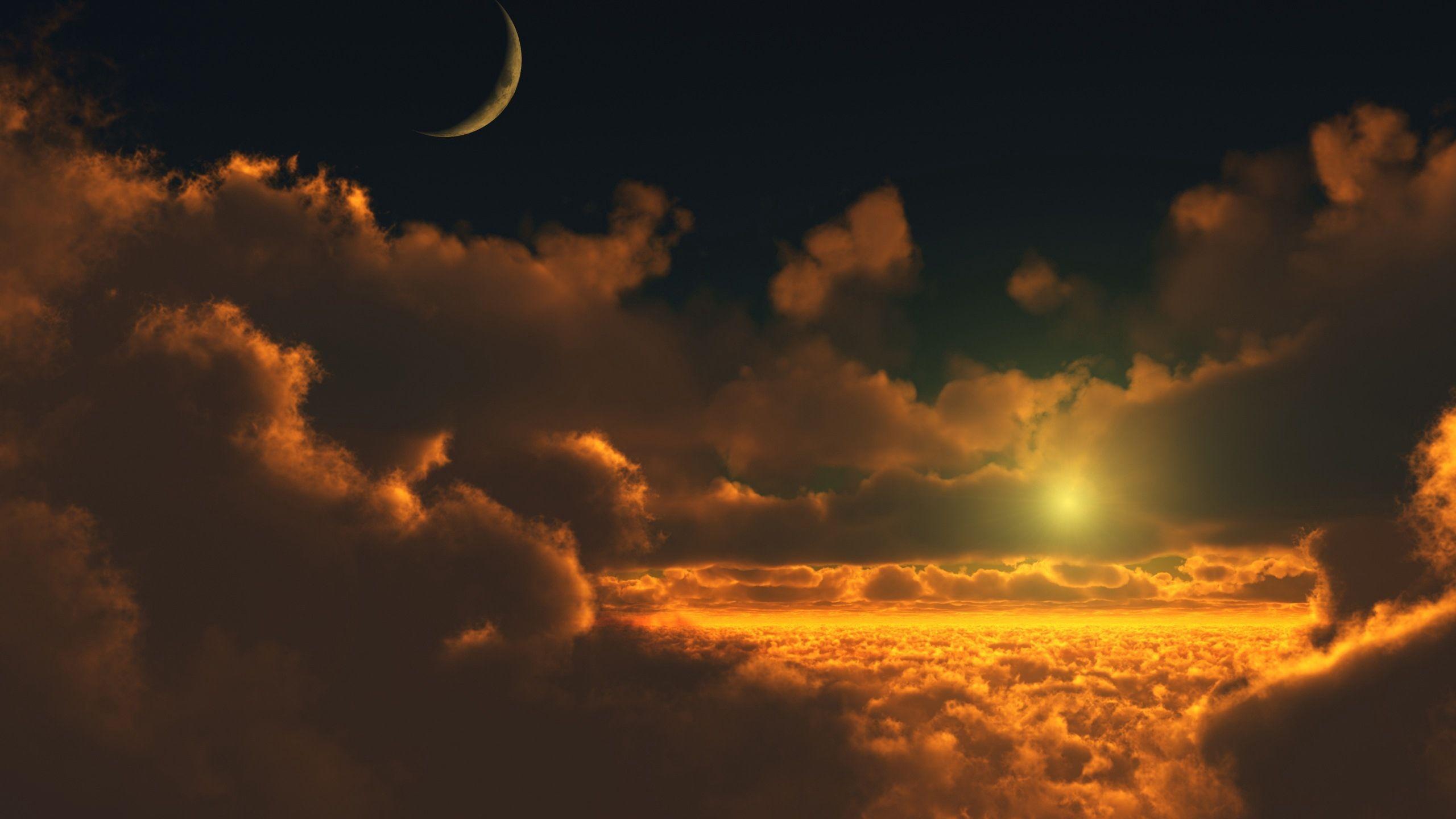 2560x1440 Download wallpaper 2560x1440 clouds, sun, moon, height