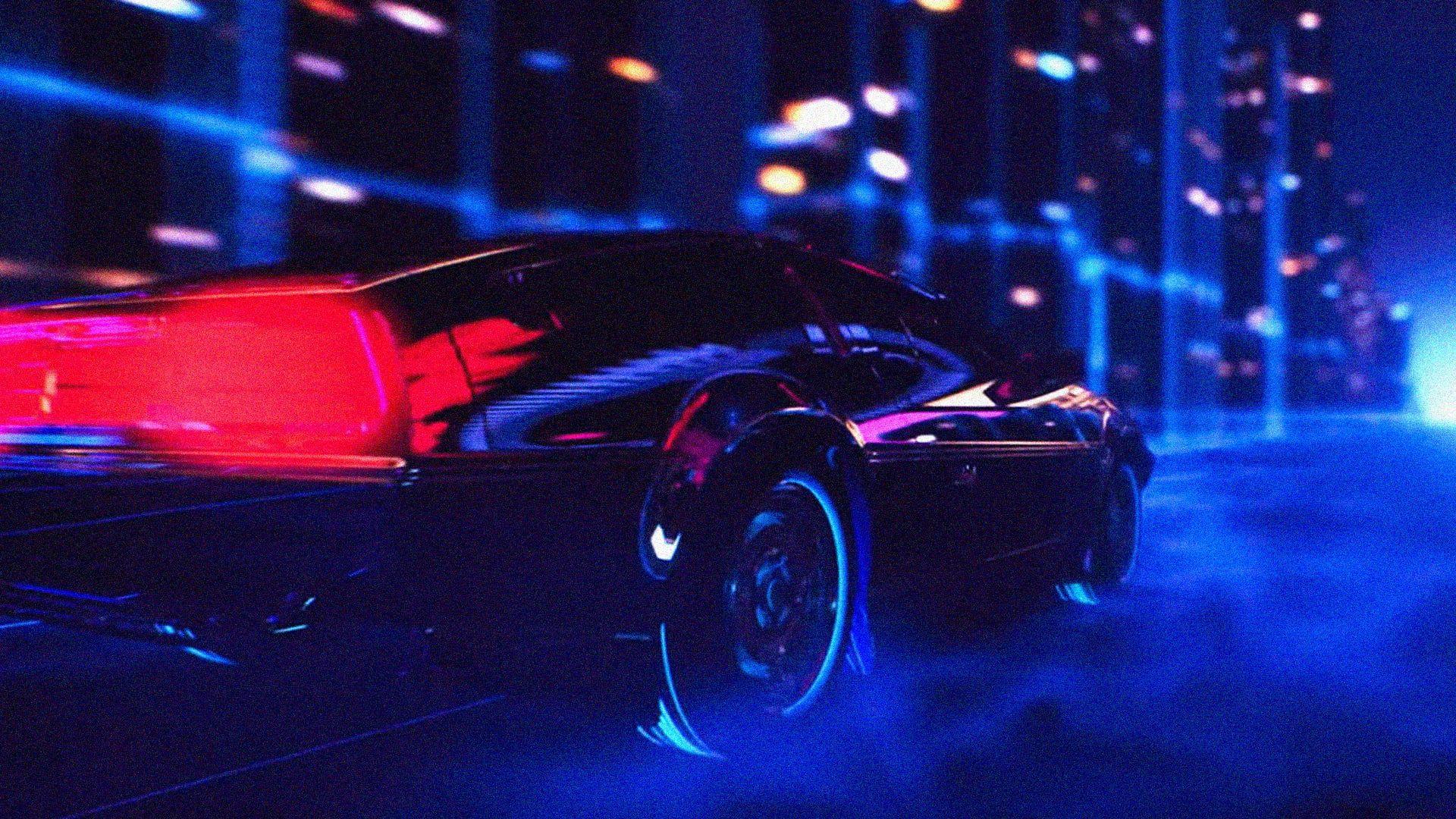 1920x1080 Black sports coupe, Retro style, Retrowave, car, building HD
