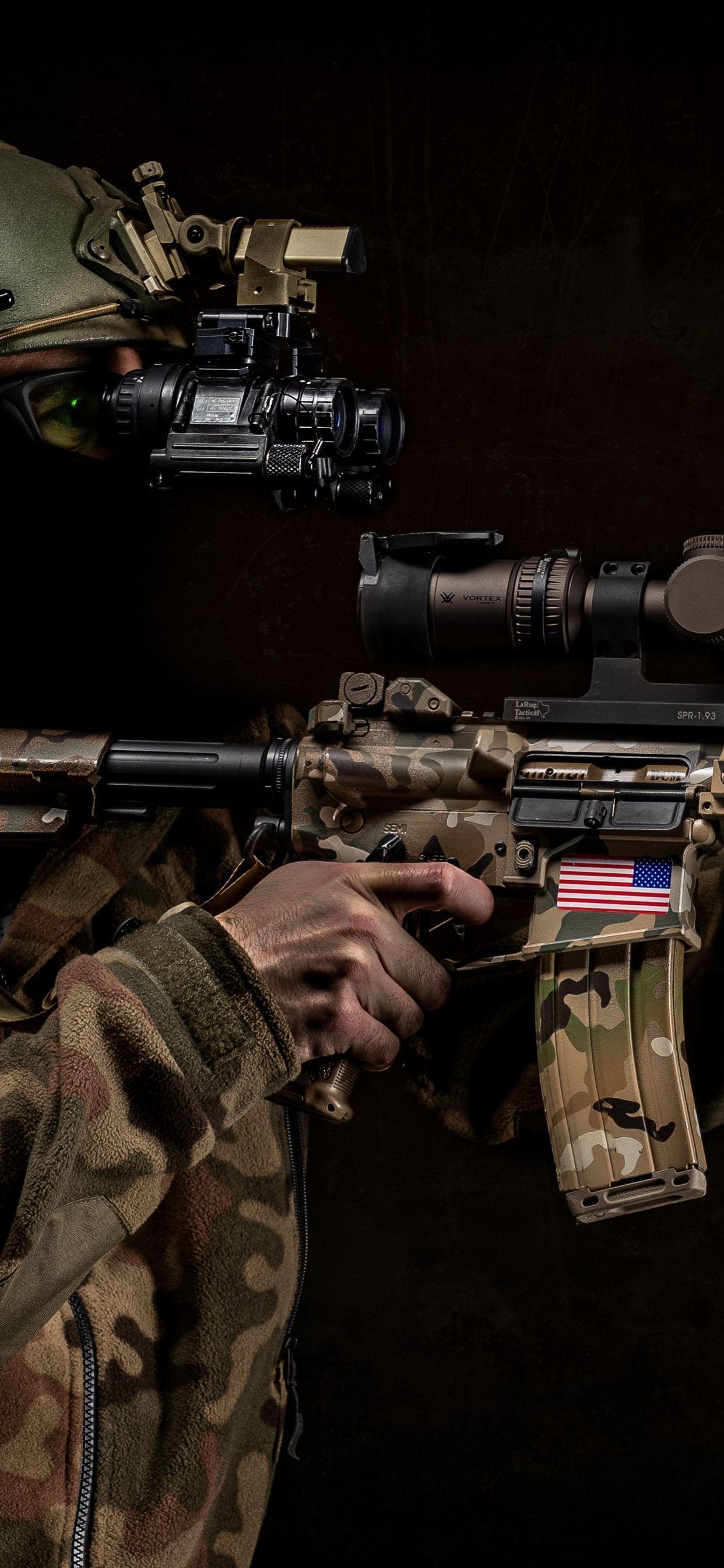 1242x2688 Soldier, helmet, weapon, black background 1242x2688 iPhone
