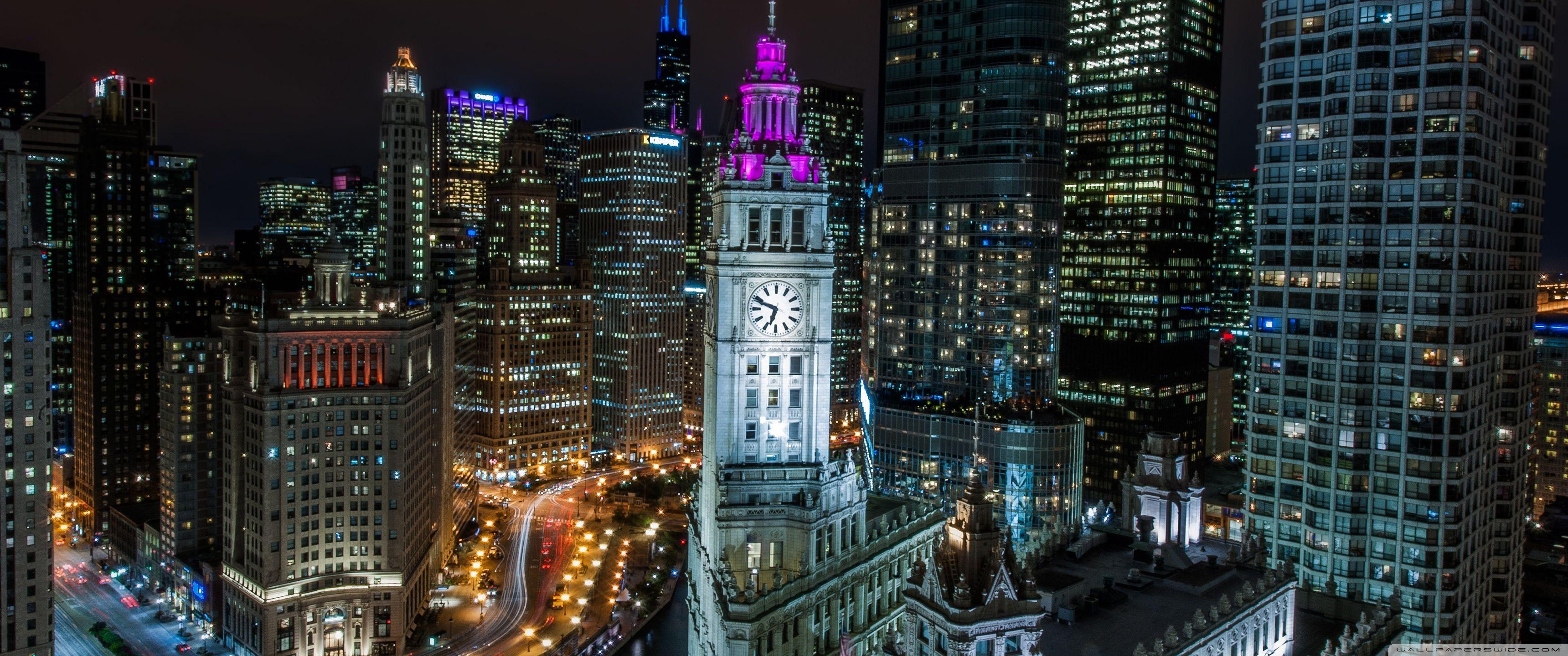3440x1440 Chicago Buildings at Night Ultra HD Desktop Background