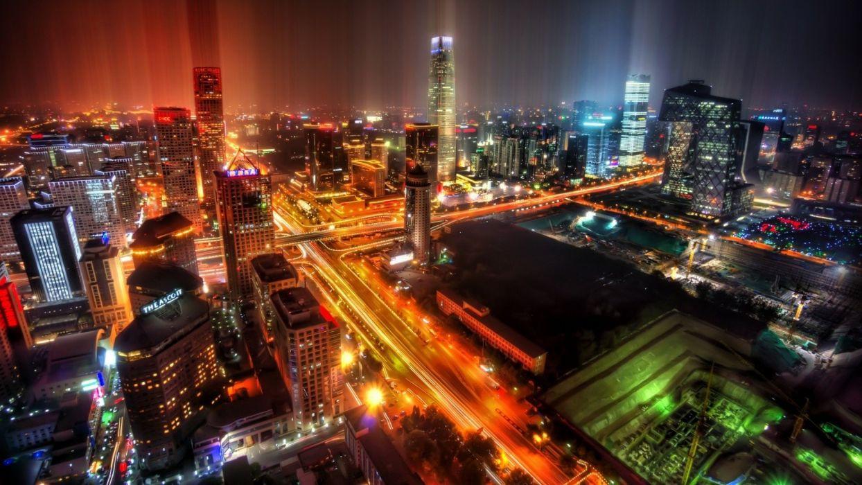 1244x700 Cityscapes night rain China downtown Beijing after wallpaper