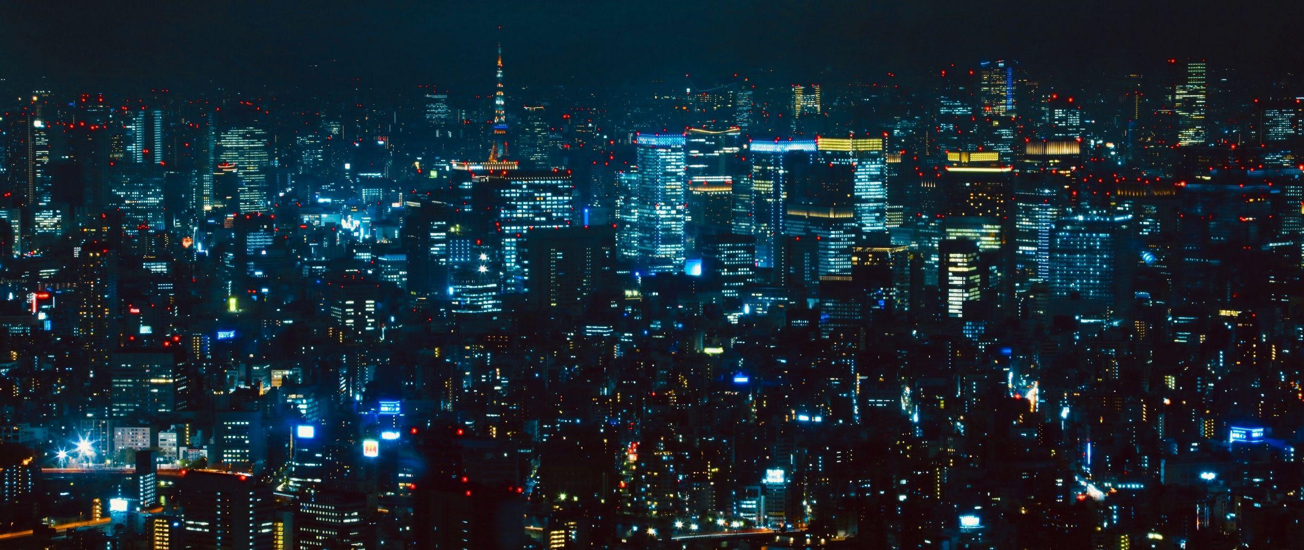 2560x1080 Download wallpaper 2560x1080 night city, aerial view, tokyo