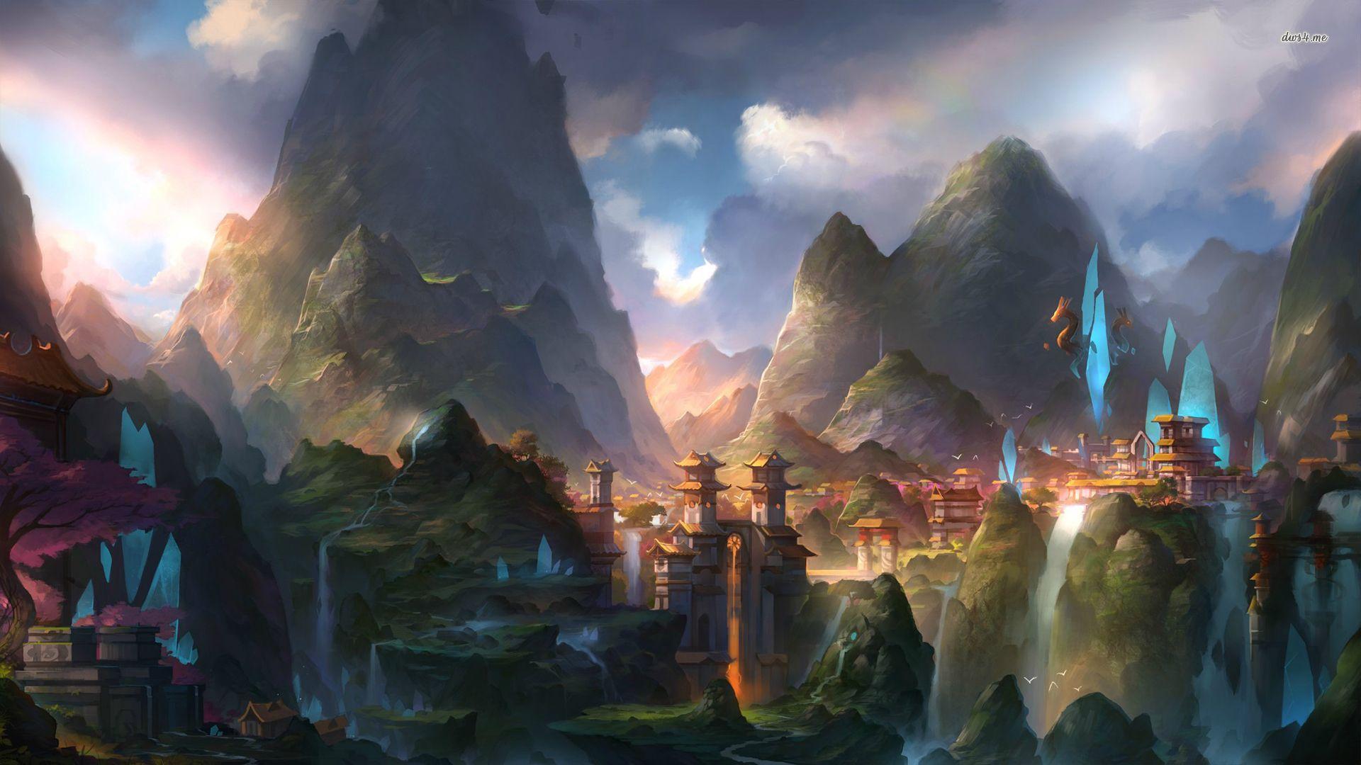 1920x1080 Japanese town hidden in the mountains wallpaper