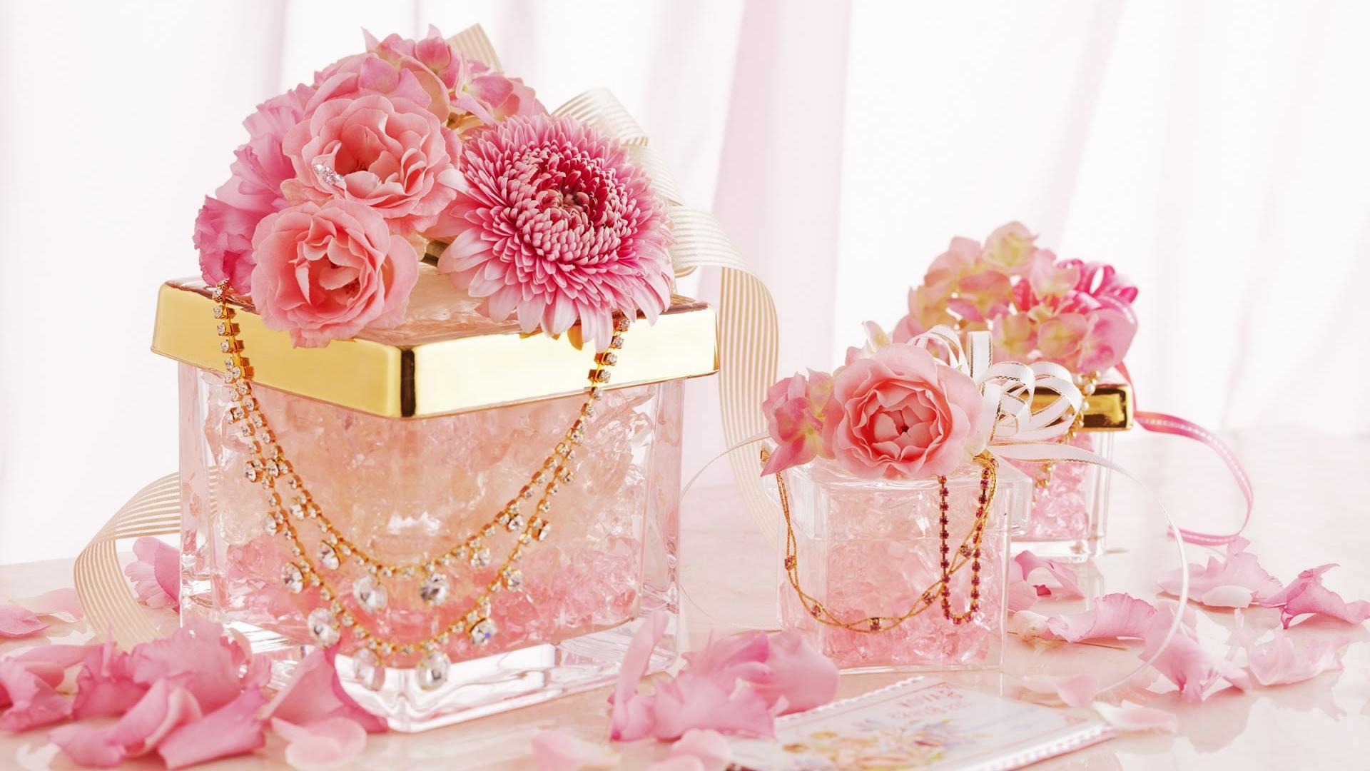 1920x1080 Pink Flowers And Jewelry HD Wallpaper Wallpaper Rose Gold Wallpaper & Background Download