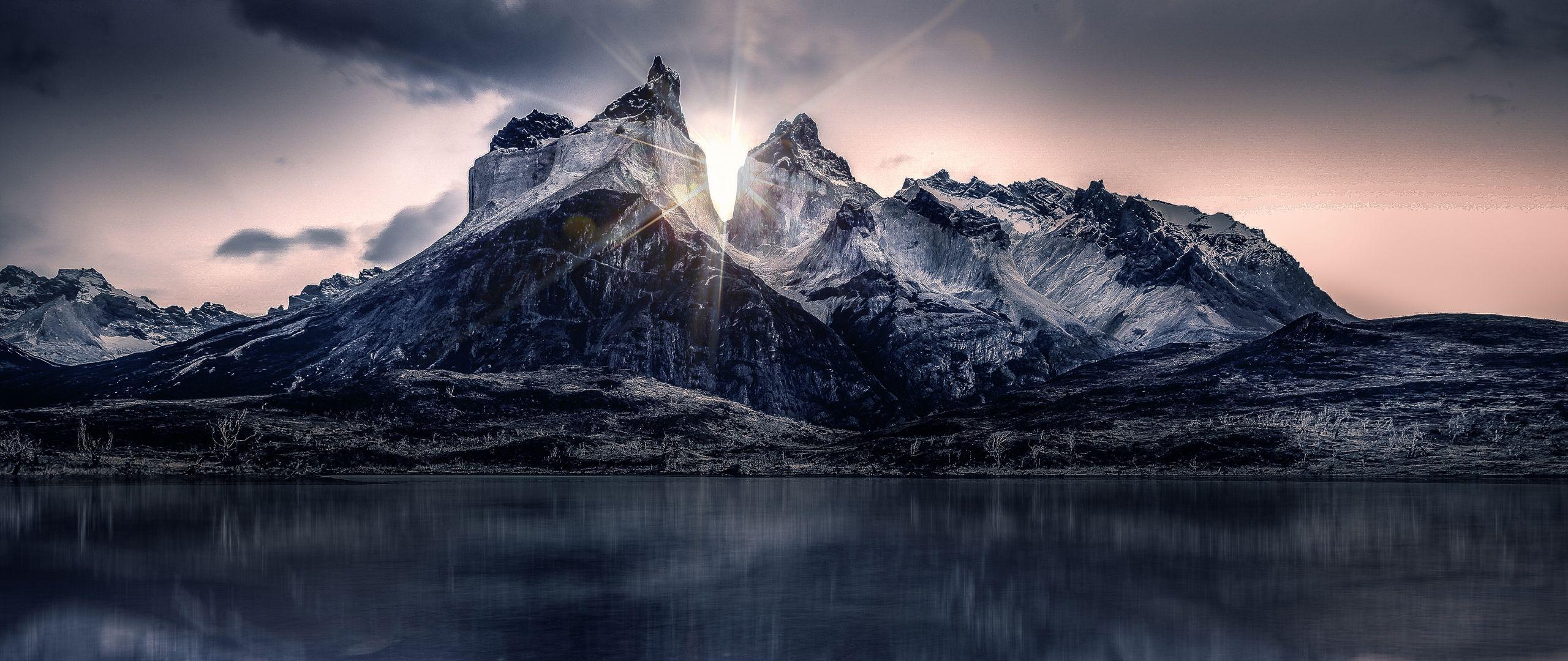 2560x1080 Download wallpaper 2560x1080 mountain, lake, sunlight