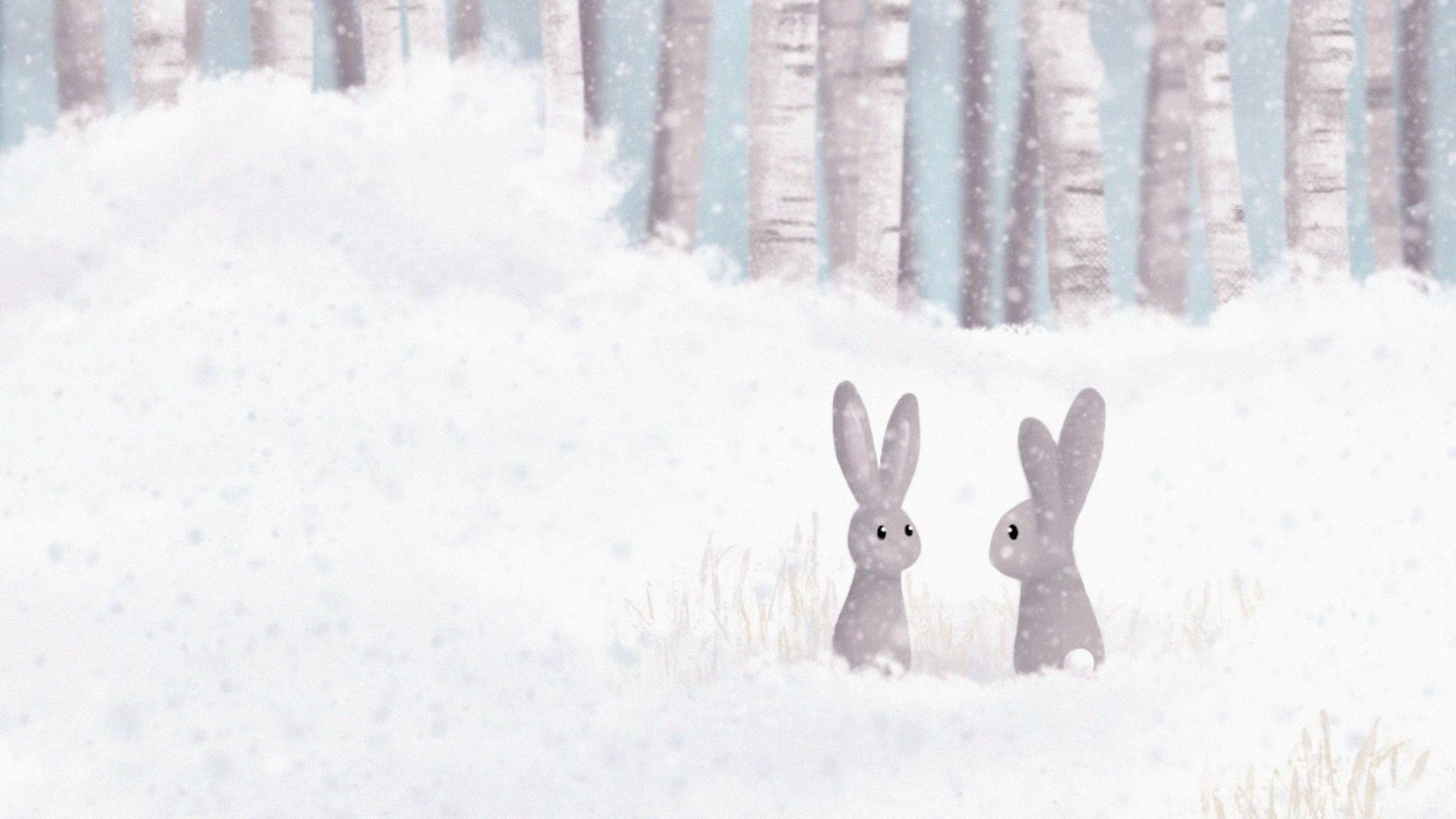 2560x1440 Download wallpaper 2560x1440 hares, forest, snow, winter