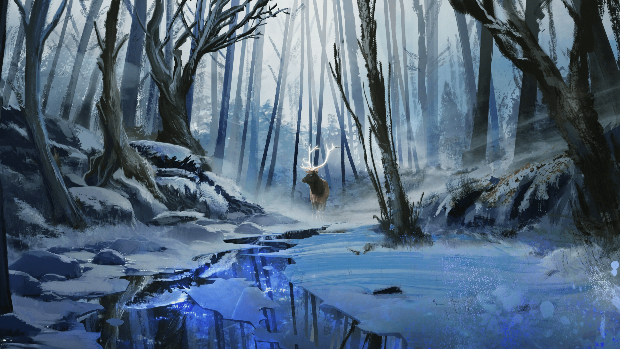 2560x1440 Download 2560x1440 Forest, Winter, Snow, Deer, Artwork Wallpaper for iMac 27 inch
