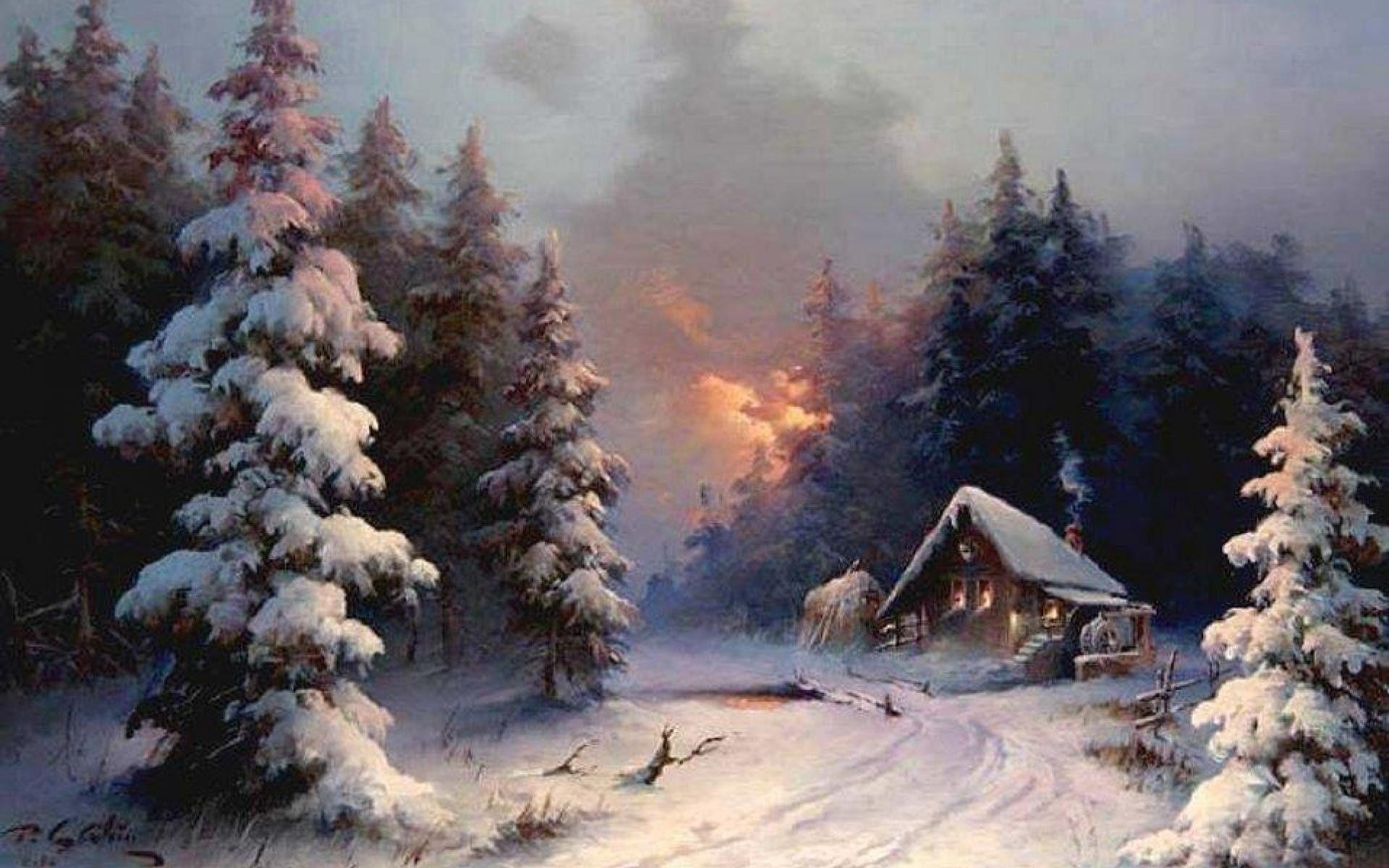 1920x1200 winter art wallpaper winter painting cottage snow art woods