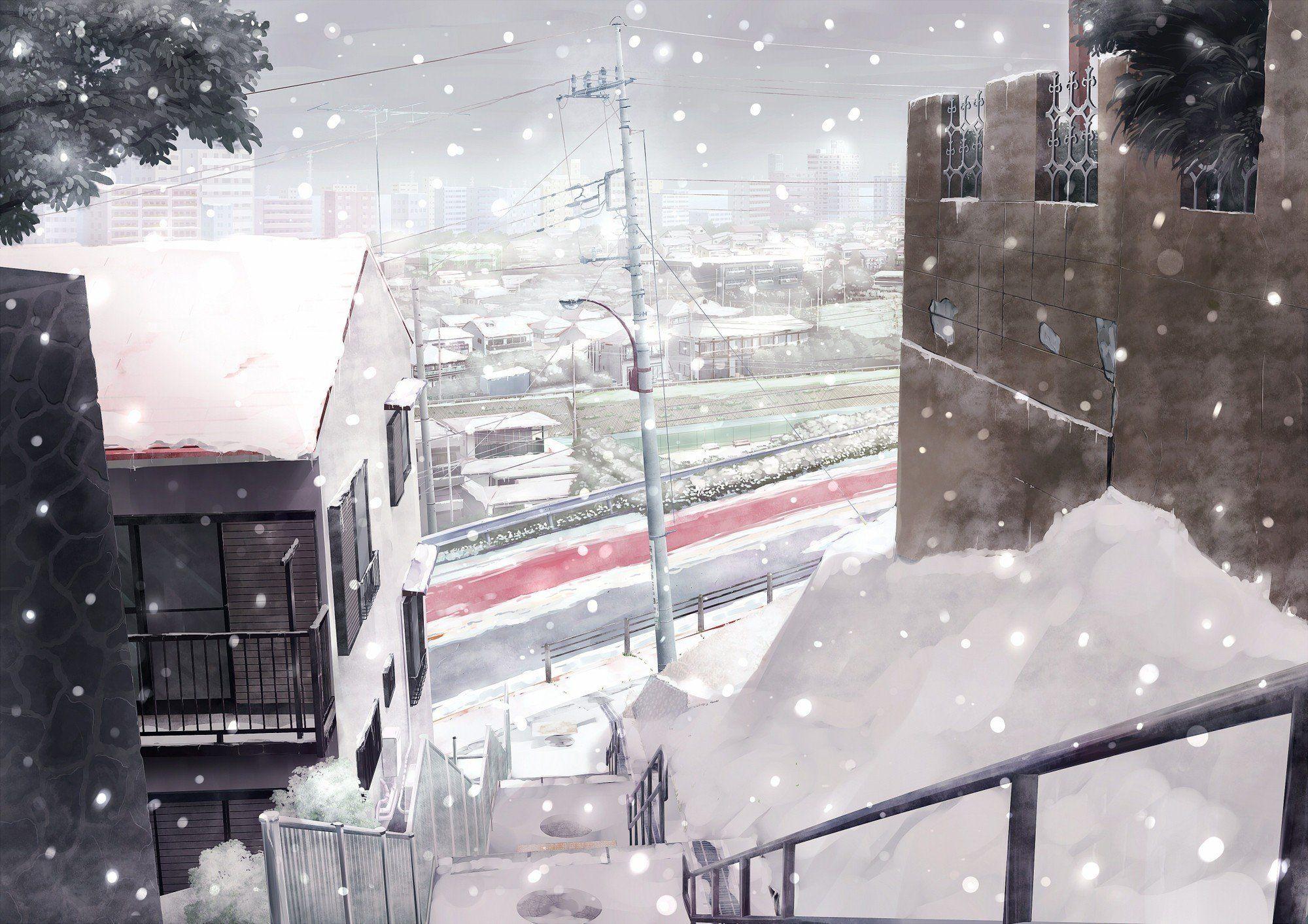 2000x1413 px anime snow stairs winter High Quality