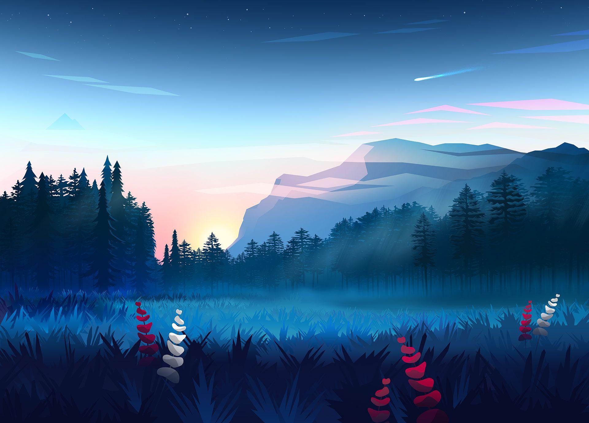 Minimalist Starry Night Sky Lake Mountain Scenery HD 4K Wallpaper