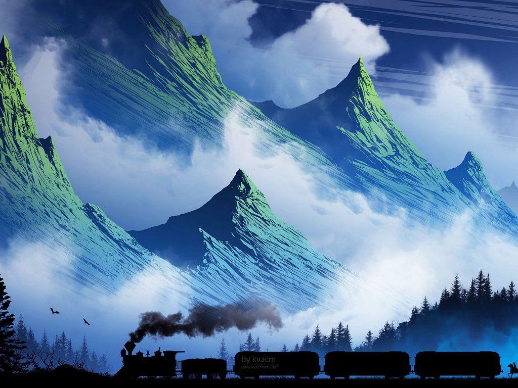 1024x768 Art Fog Mountains Smoke Train.  Hình nền tàu hỏa, Khói