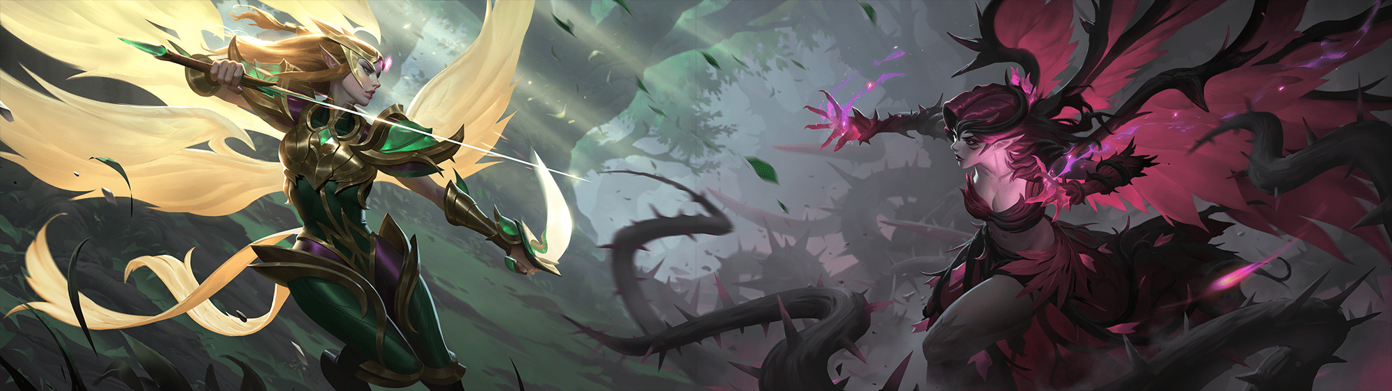 2000x563 Viridian Kayle vs Blackthorn Morgana, 8000px * 2250px dual screen wallpaper: leagueoflegends