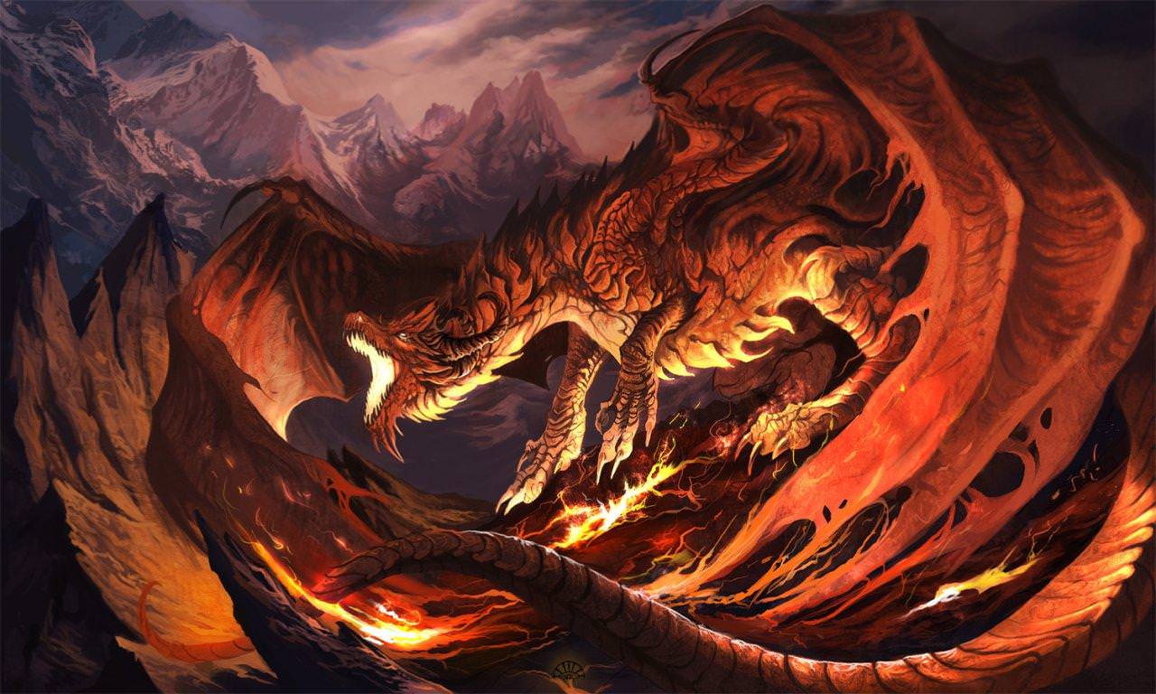 Premium Photo | Head of evil red dragons with fiery flashes in background