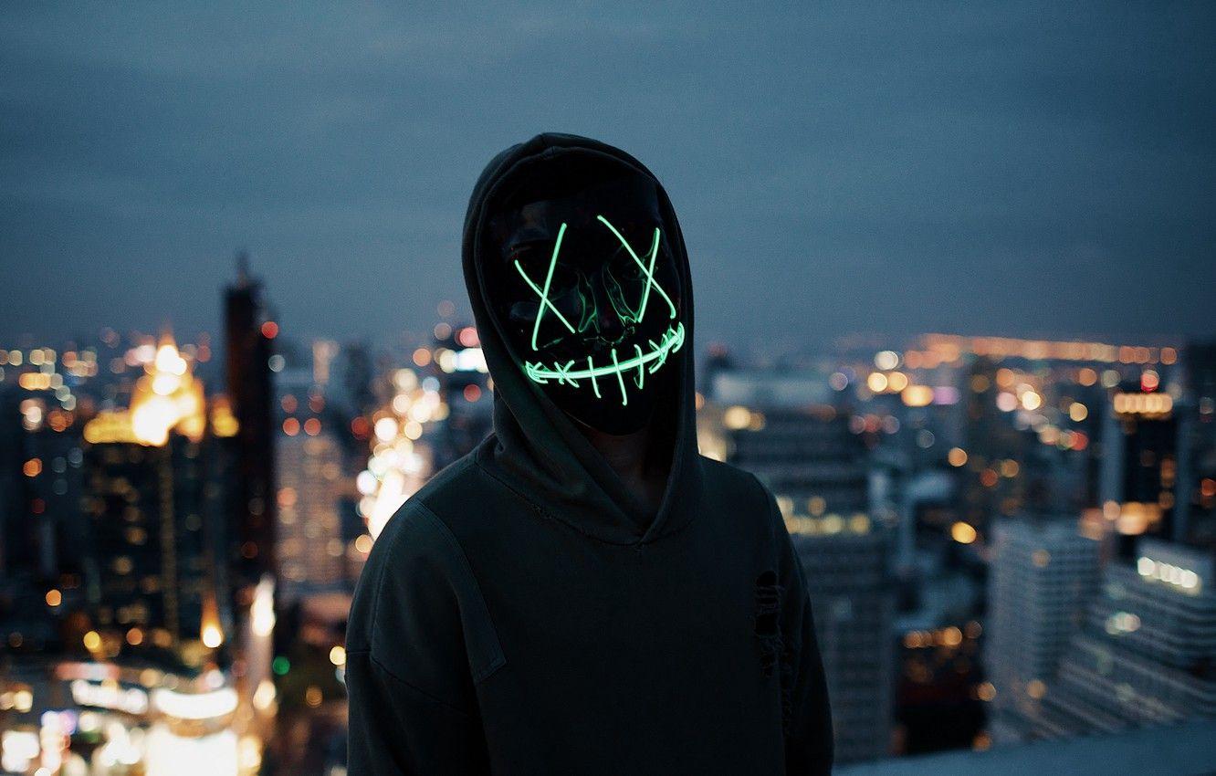 1332x850 Wallpaper lights, dark, wallpaper, blur, neon, situations, anonymous, mask, silhouette, hood, 4k ultra HD background, city ​​background image for desktop, section ситуации