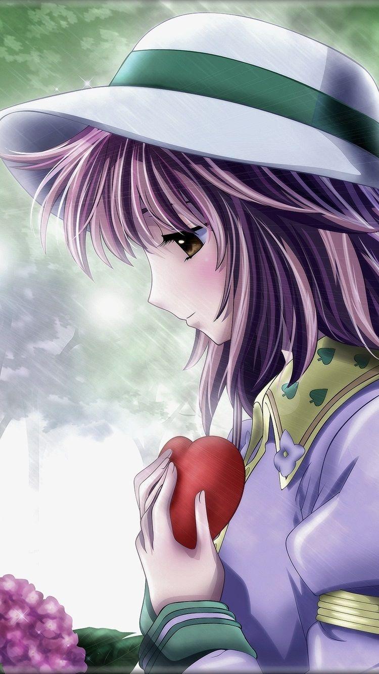 750x1334 Sadness anime girl, purple hair, hat, rain 750x1334 iPhone 8