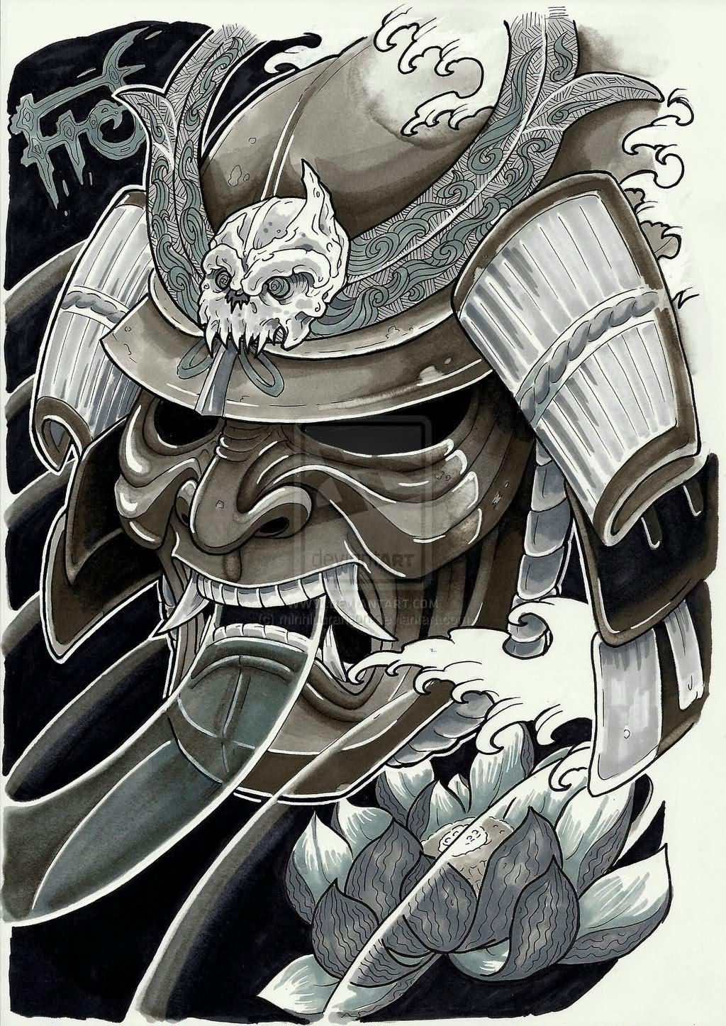 1024x1446 Black Ink Samurai Skull With Lotus Tattoo Design