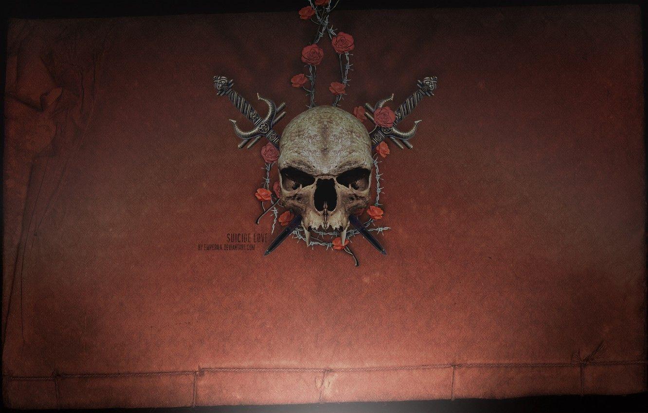 1332x850 Wallpaper love, skull, wire, roses, barbed, daggers