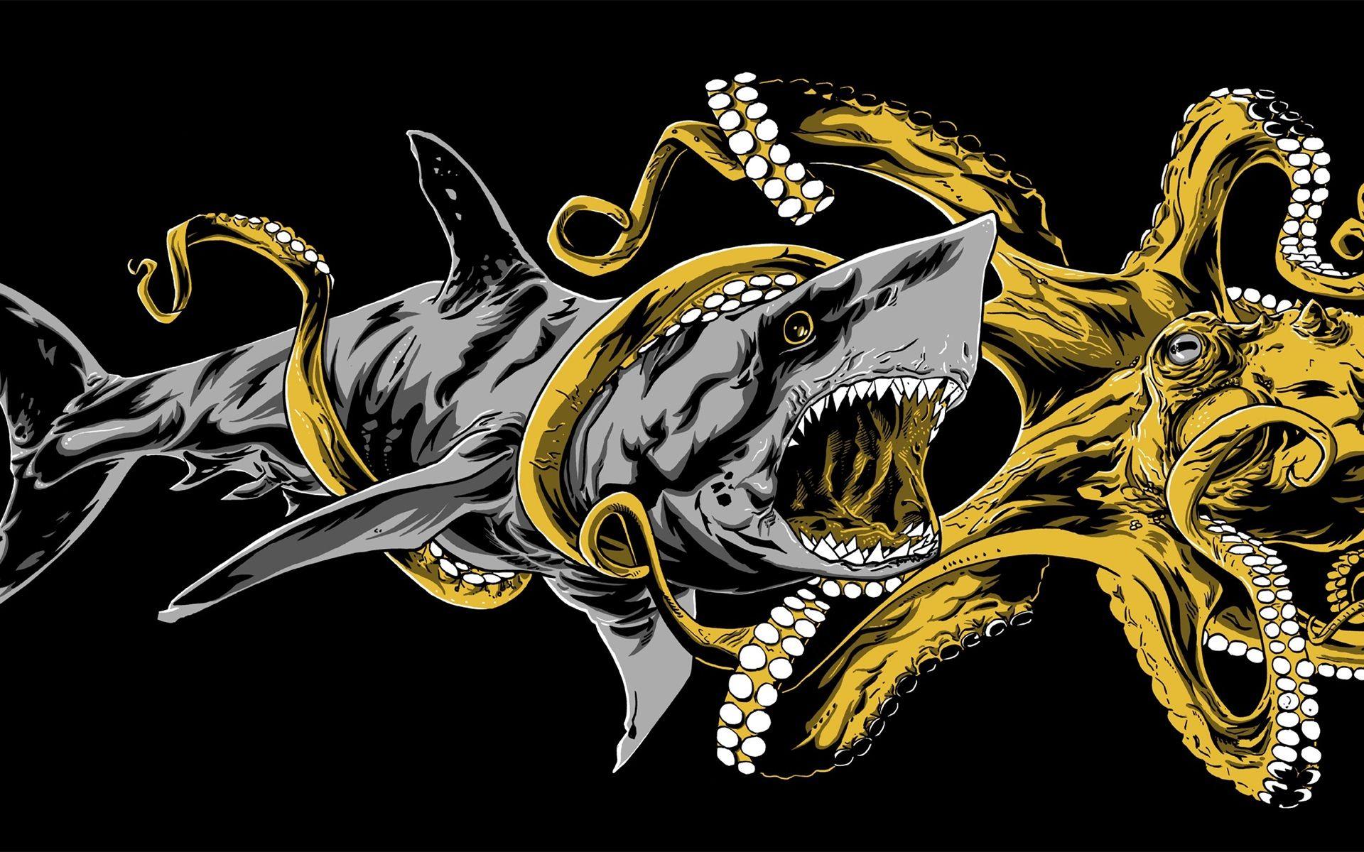 1920x1200 Wallpaper Octopus and shark battle, art drawing 1920x1200 HD