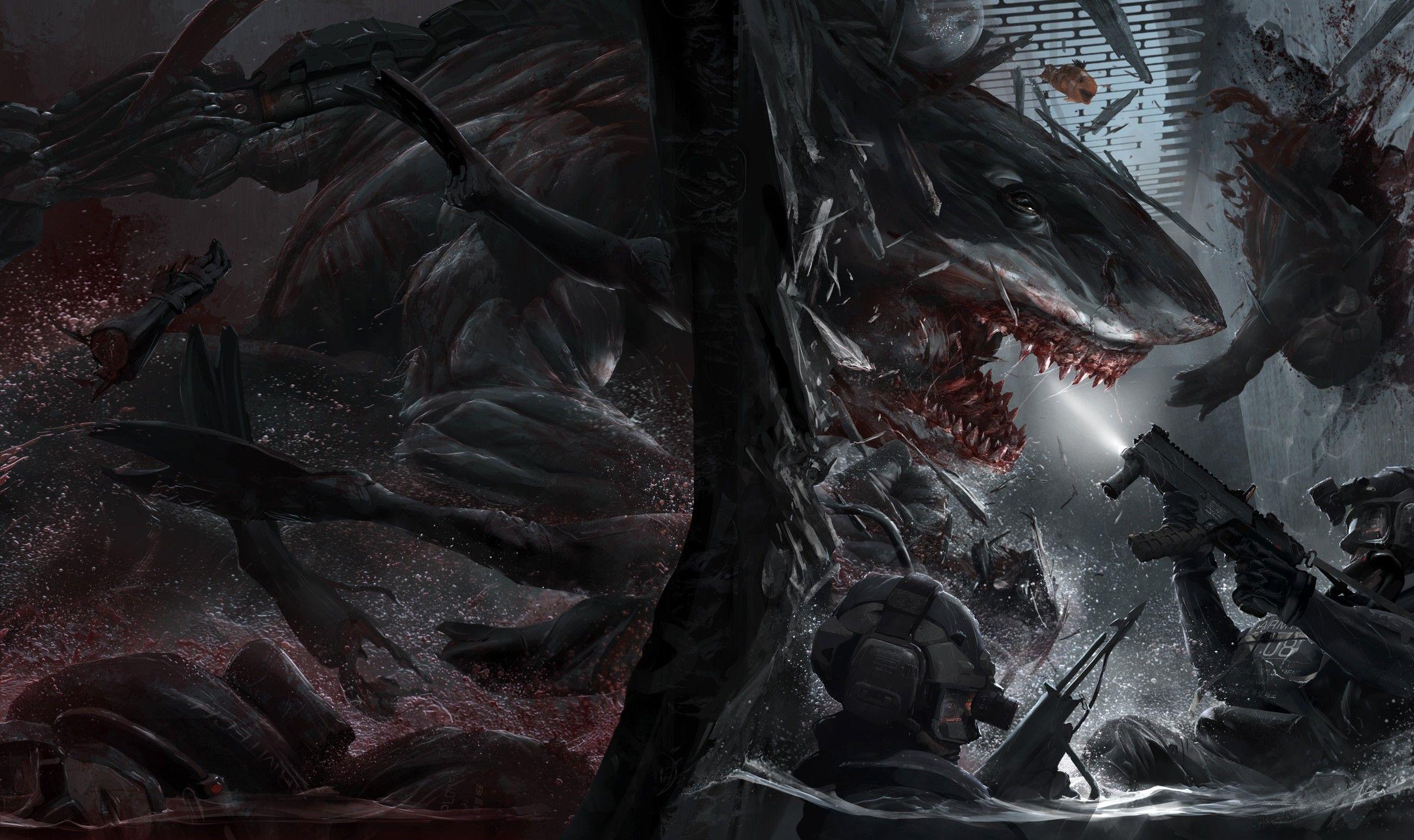 2400x1426 water, soldiers, guns, monsters, futuristic, blood, animals