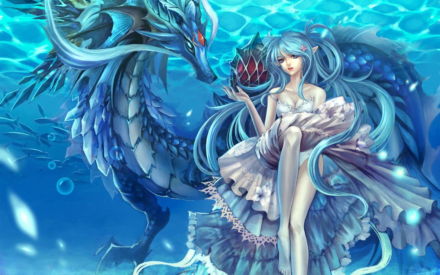 1440x900 anime dragon. Dragon girl, Water dragon, Cross paintings