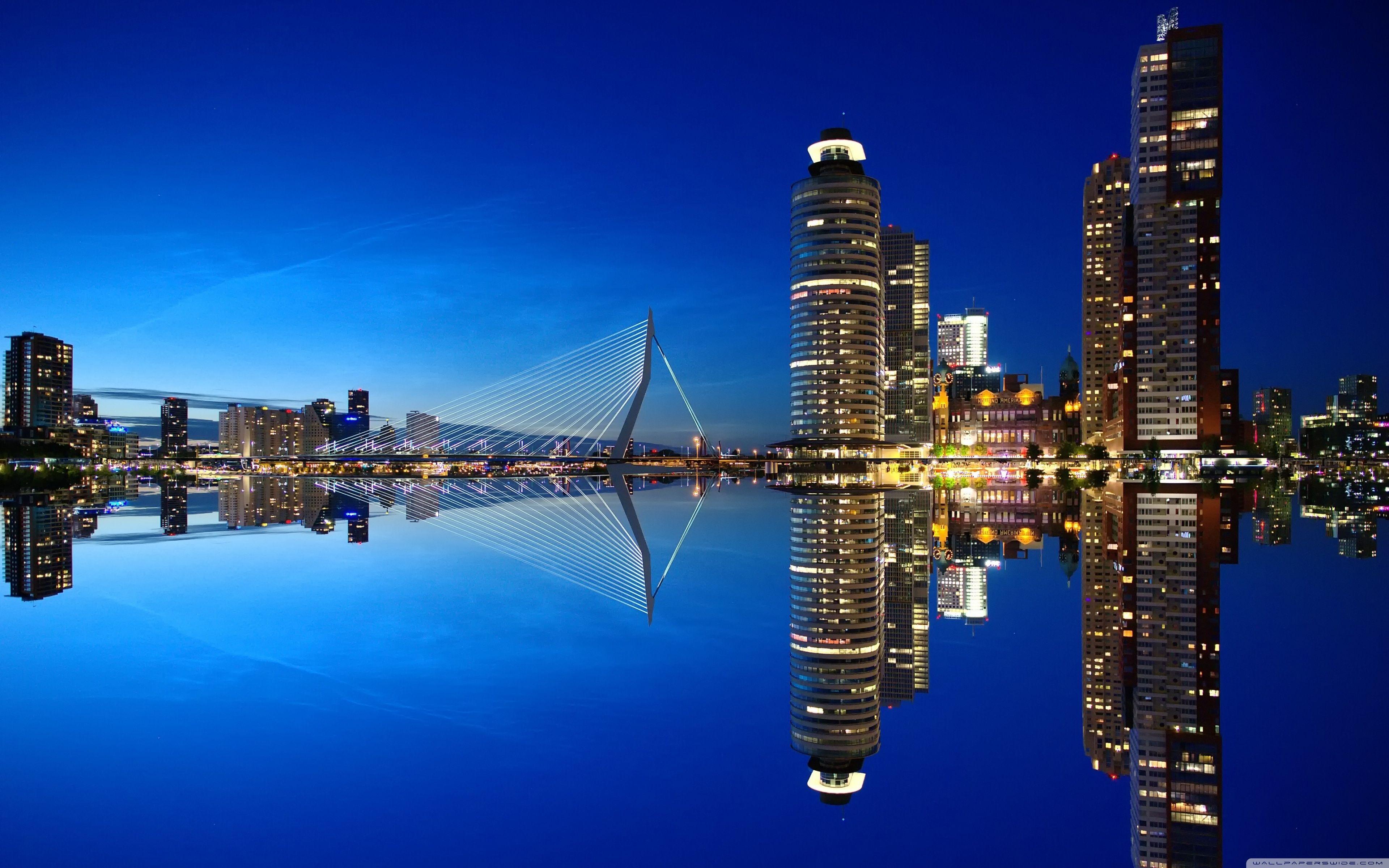 3840x2400 Download Rotterdam Skyline Night HD Wallpaper