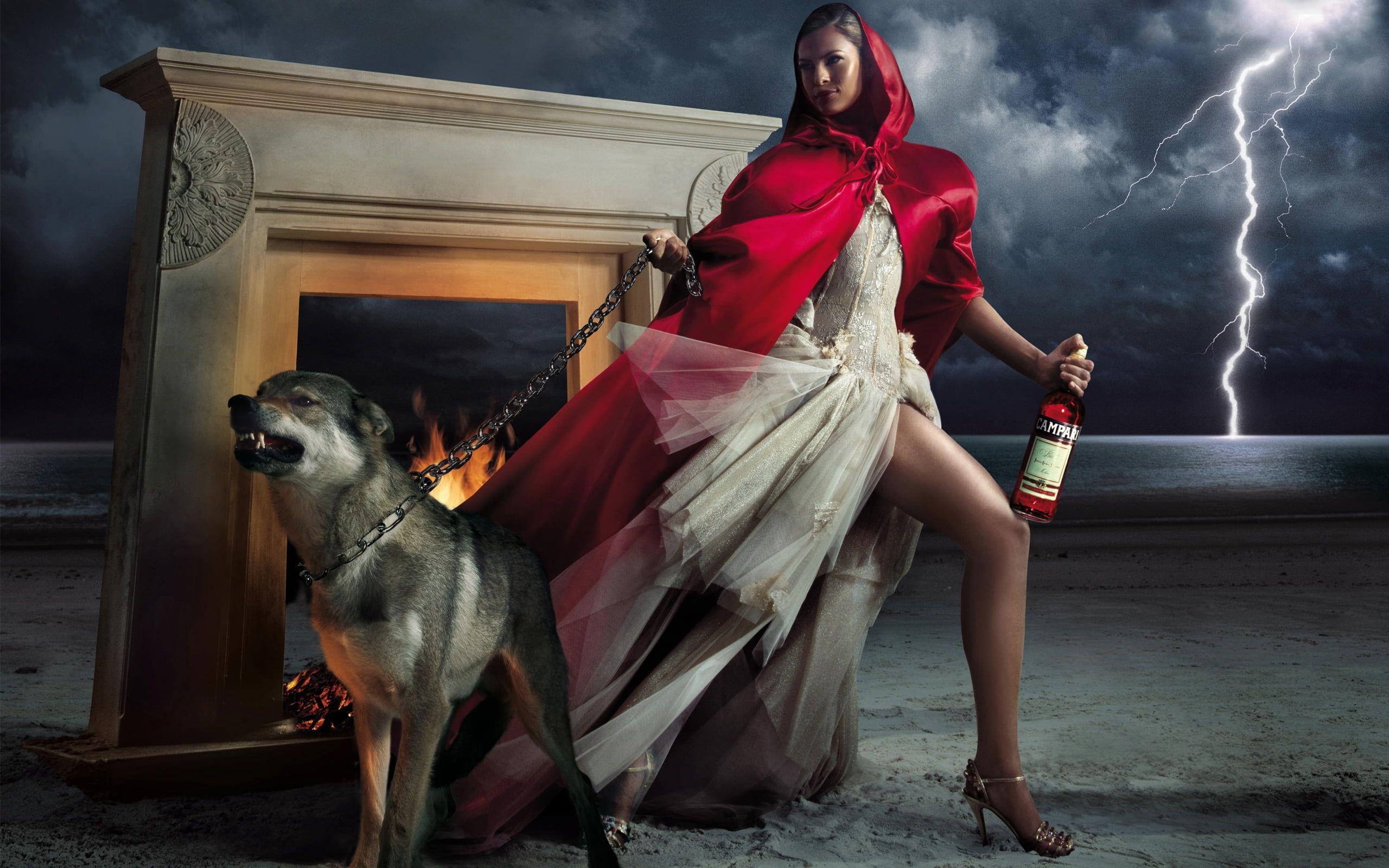 2560x1600 Red riding hood holding wolf and bottle with lightning