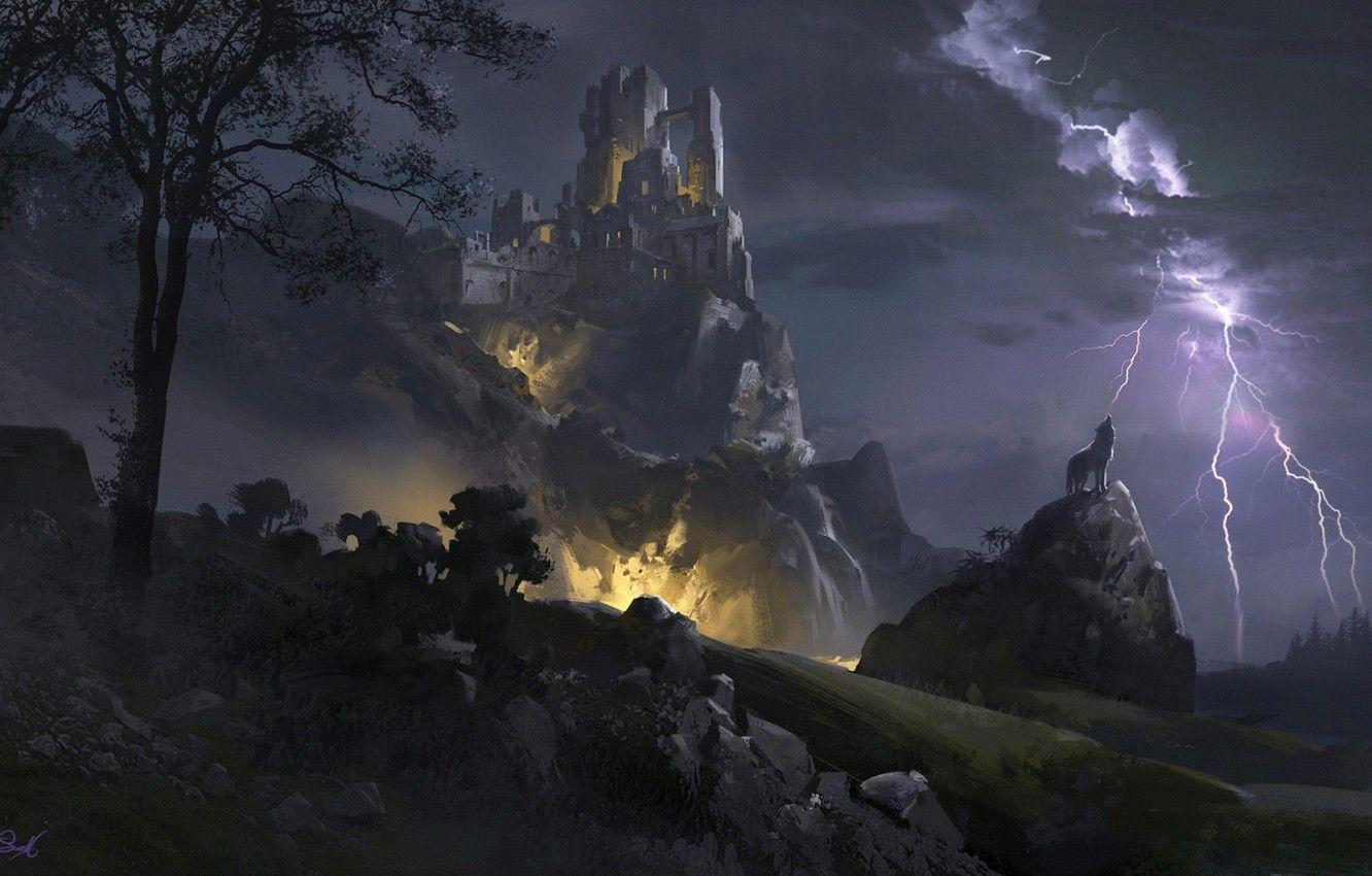 1332x850 Wallpaper mountains, night, clouds, stones, castle, tree