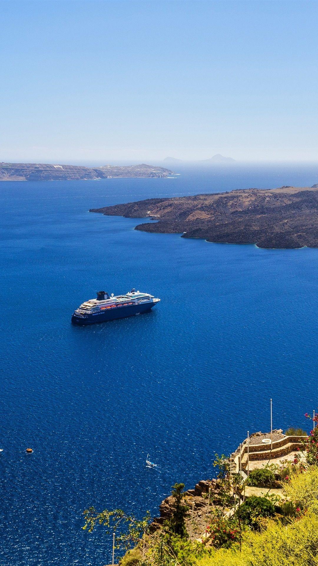 1080x1920 Hy Lạp, Santorini, bờ biển, du thuyền, biển xanh 1080x1920 iPhone
