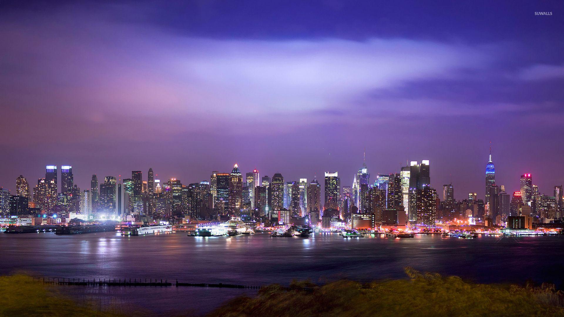 1920x1080 Purple Sky Above New York City Wallpaper