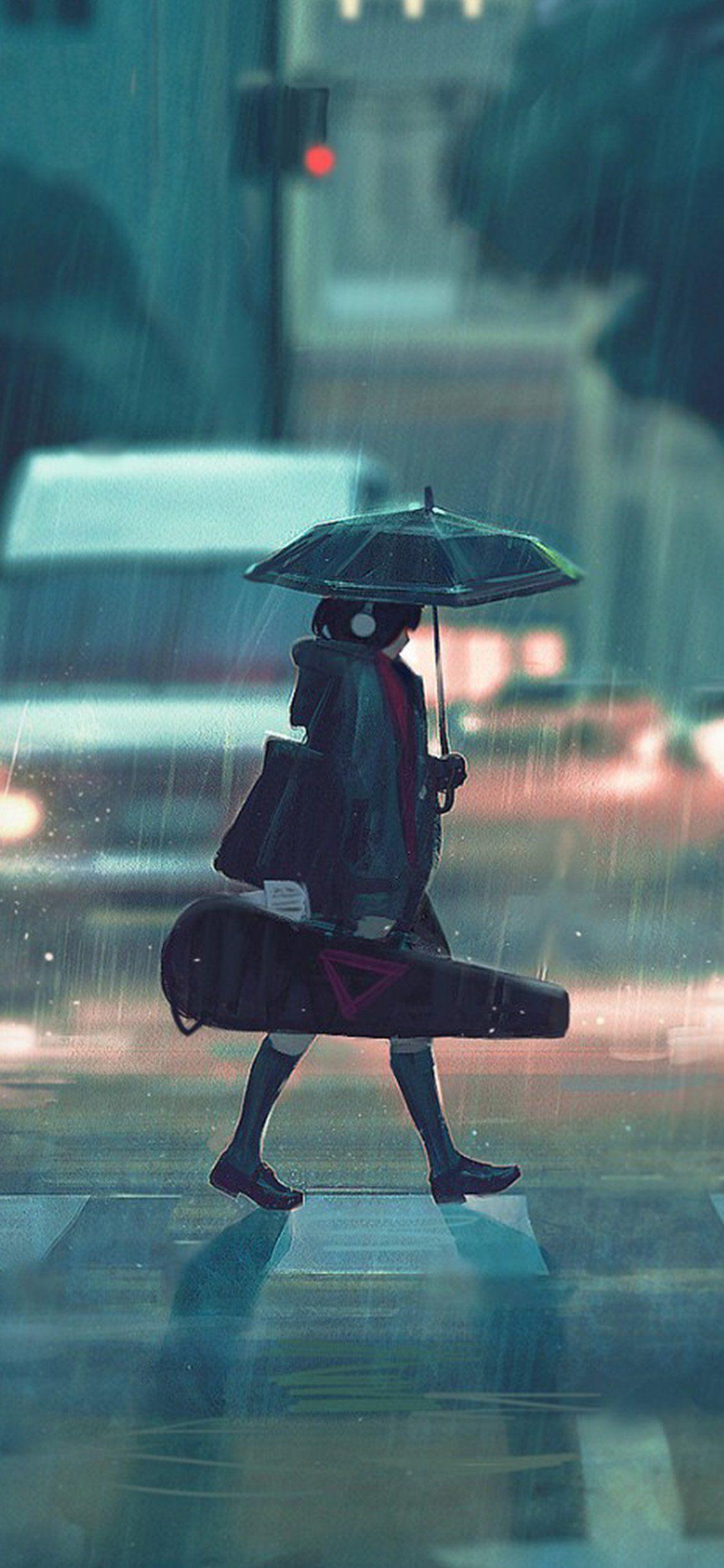 1125x2436 rainy day anime paint girl iPhone Wallpaper Free Download