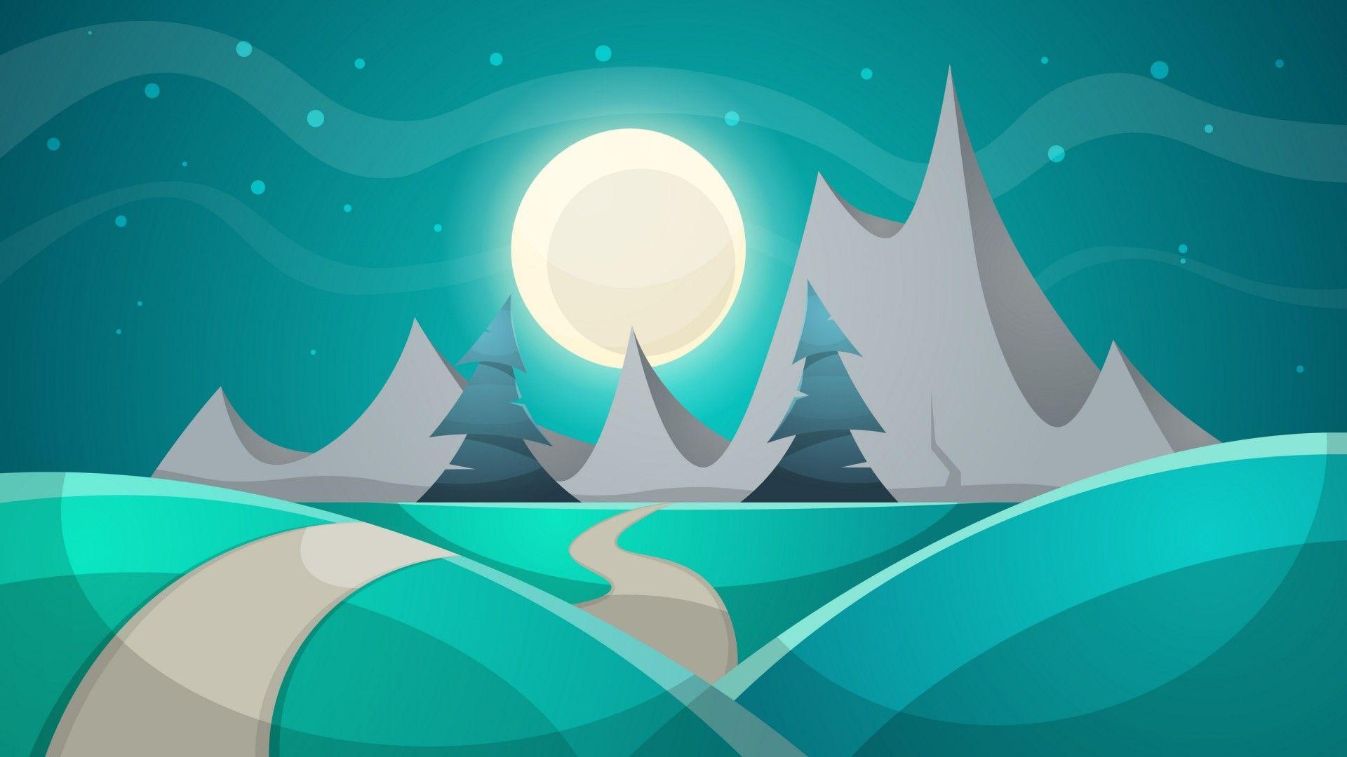 1920x1080 Winter Landsacape Snow Moon Minimalism Trees 4k