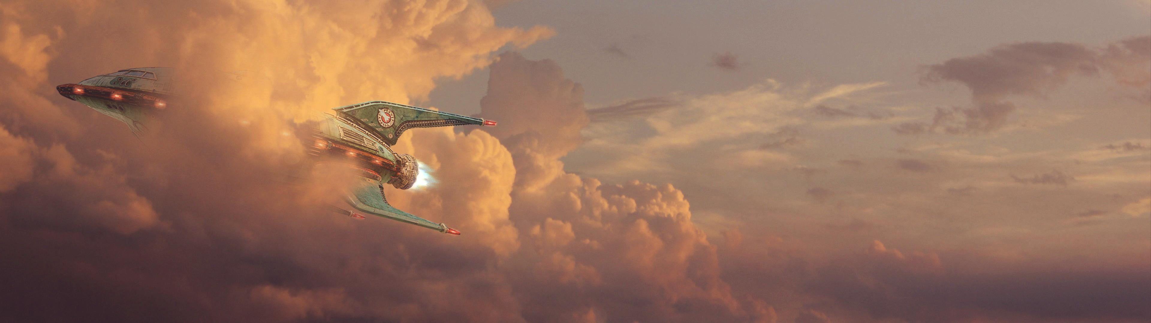 3840x1080 Gray rocket ship flying on sky, Futurama, spaceship, dual