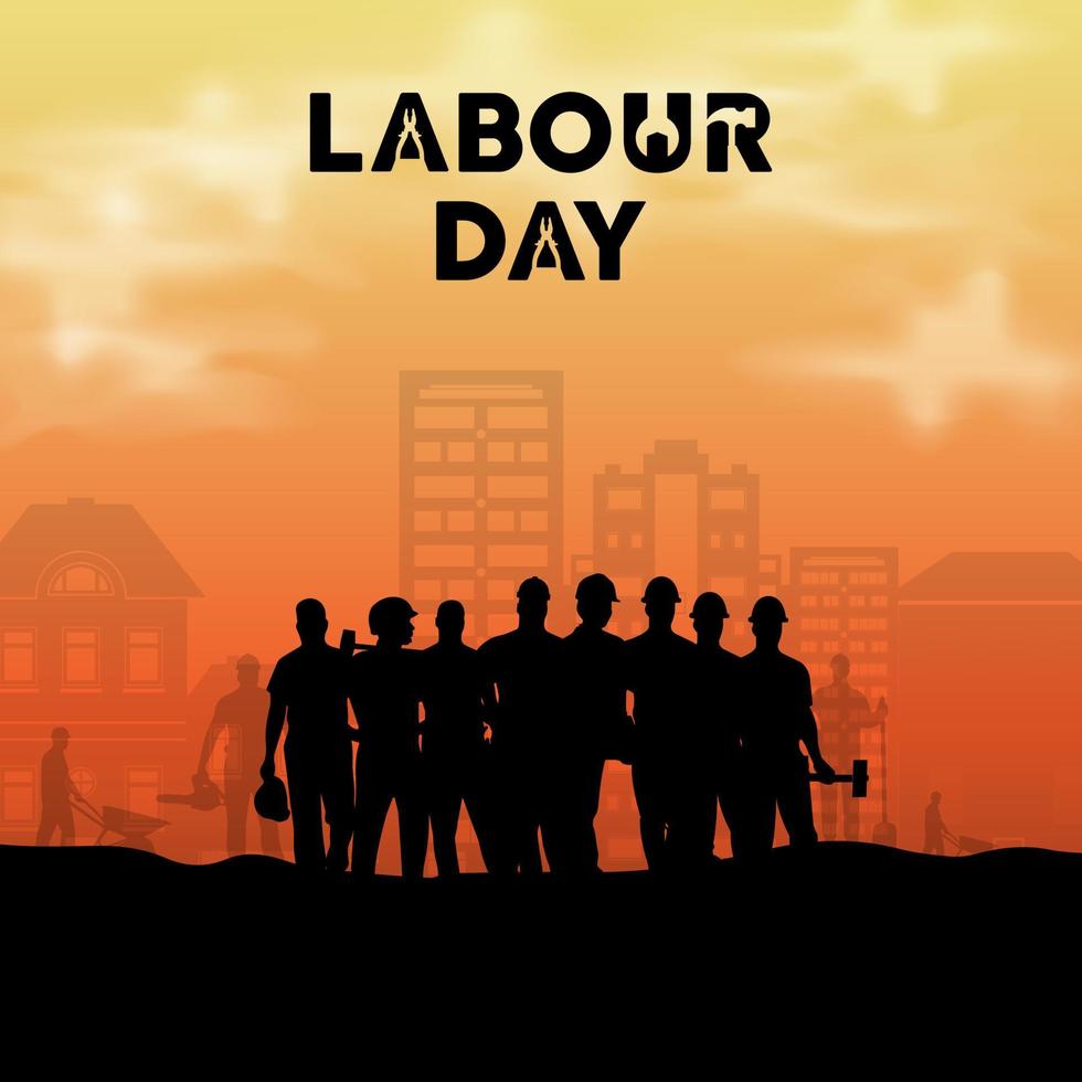 980x980 Celebration International Workers Day with sunset background. Happy Labour Day background with silhouette of workers