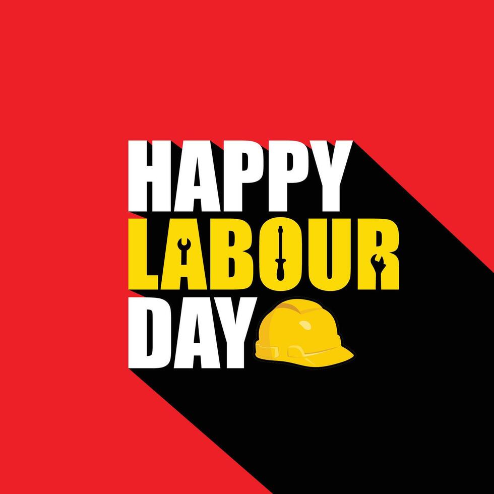 980x980 Happy Labour Day creative concept with bold text and Labour elements on red background. Safety helmet illustration. Labor Day poster, banner, flyer, wallpaper, social media template design