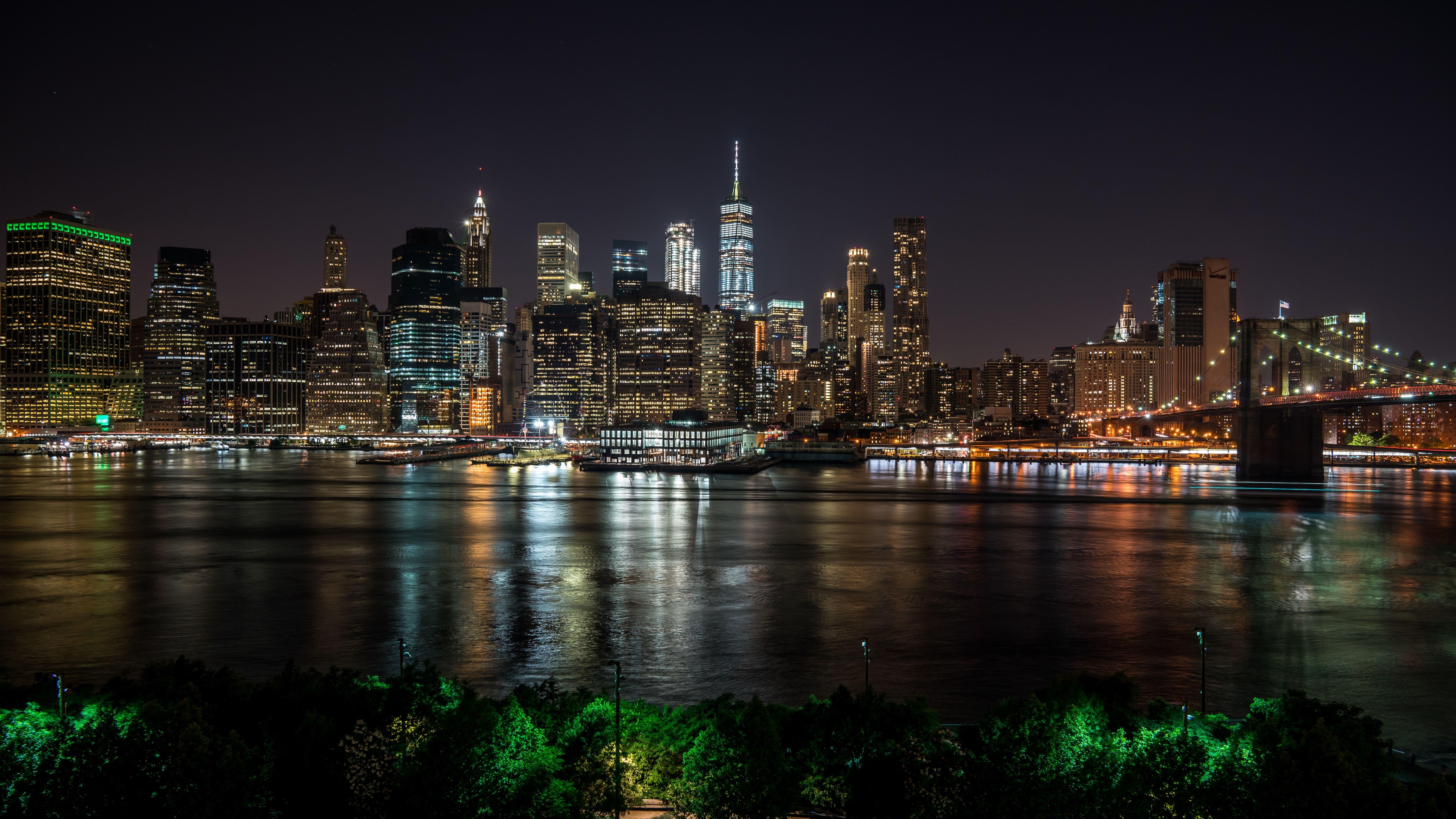 7680x4320 Hình nền New York Vào ban đêm, Thành phố, Con sông, Nhà chọc trời - 8k
