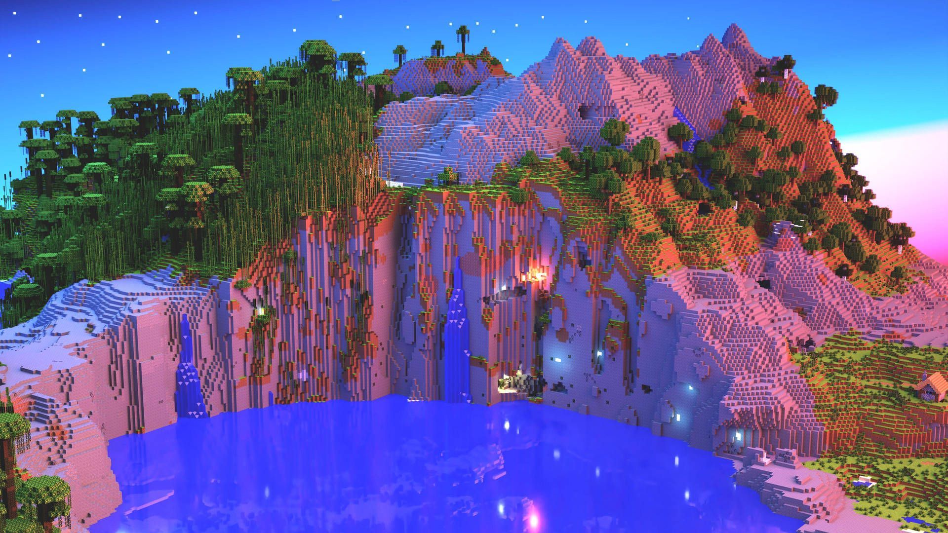 1920x1080 Minecraft Aesthetic Purple Lake Mountain Wallpaper
