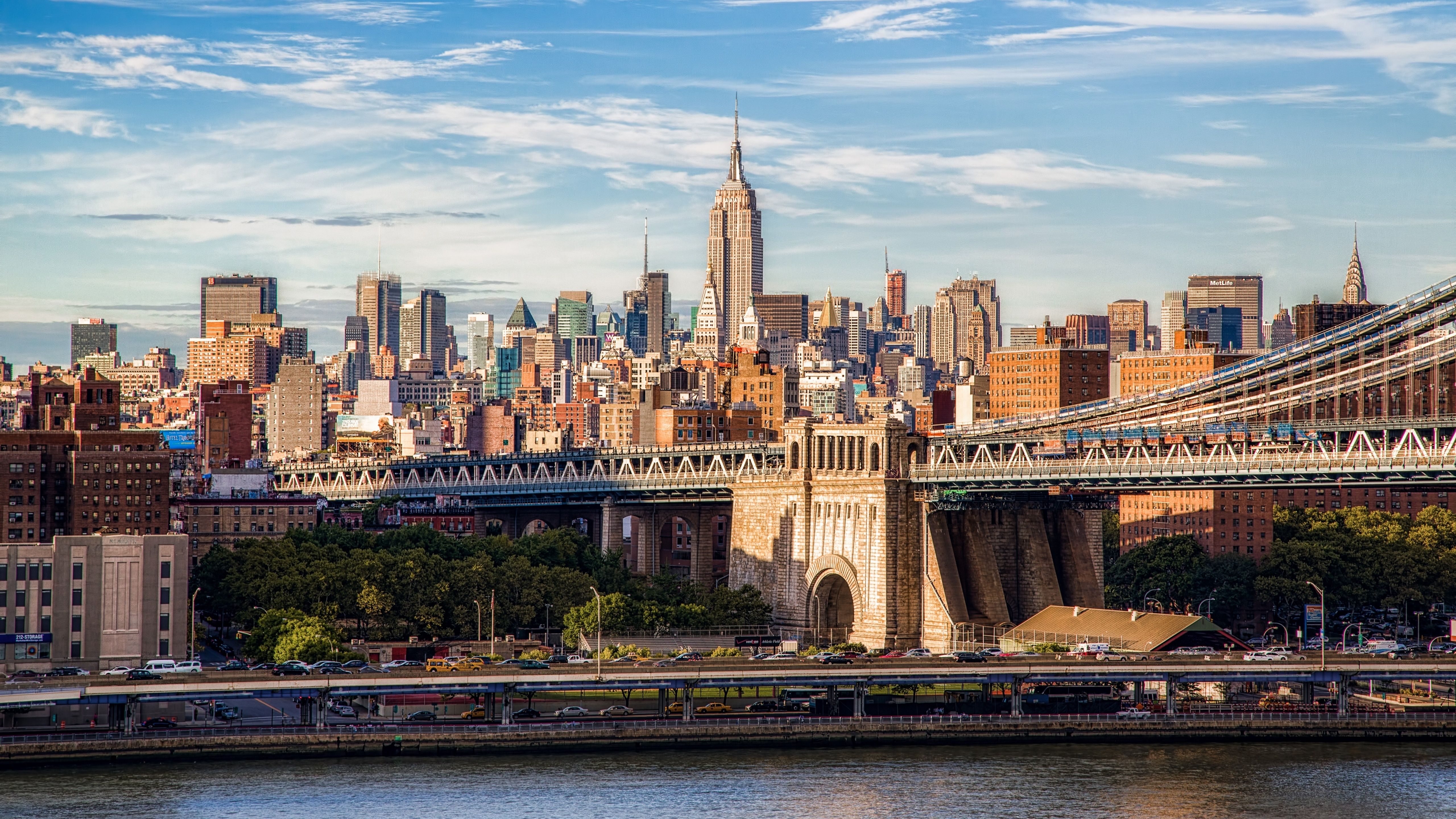5120x2880 Wallpaper City, USA, Coast, Manhattan, Manhattan Bridge, New York, East River, Empire State Building For Mobile And Desktop, Section город, Resolution 5120x2880