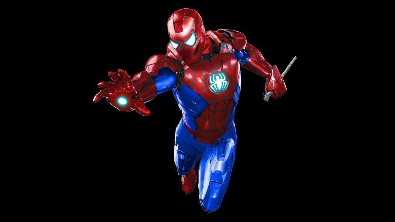 1280x720 Wallpaper Spider Man, Iron Man, Iron Spider, Dark Background